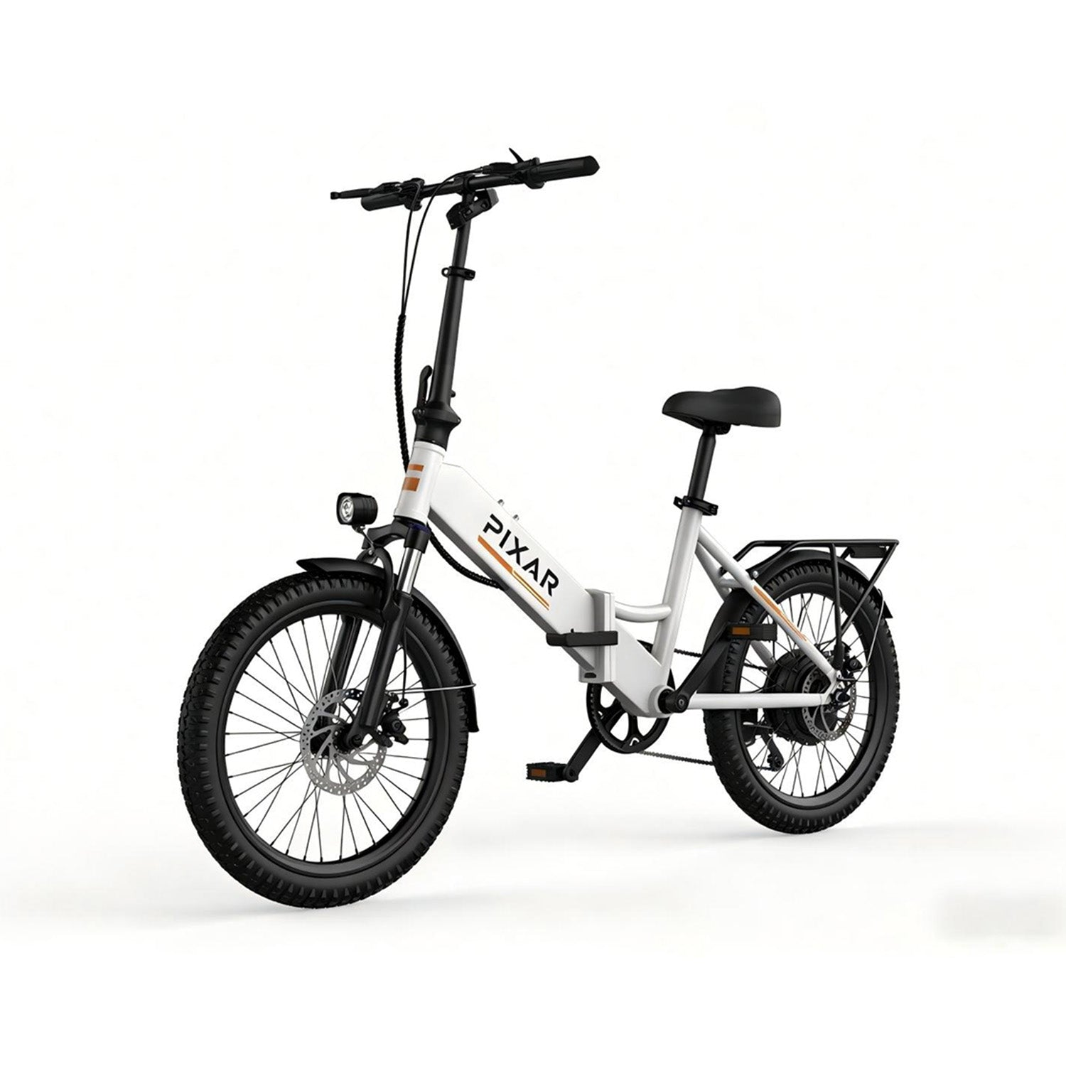 Una bicicleta eléctrica blanca con neumáticos, manillar y sillín negros, sobre fondo blanco.