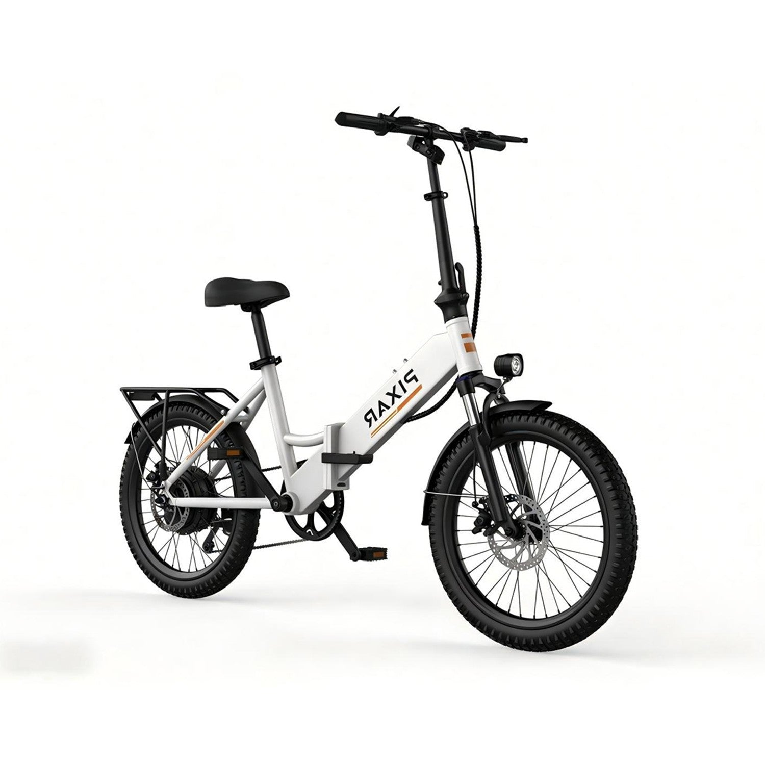 Una bicicleta eléctrica plegable blanca con ruedas, cuadro, asiento y portaequipajes negros.