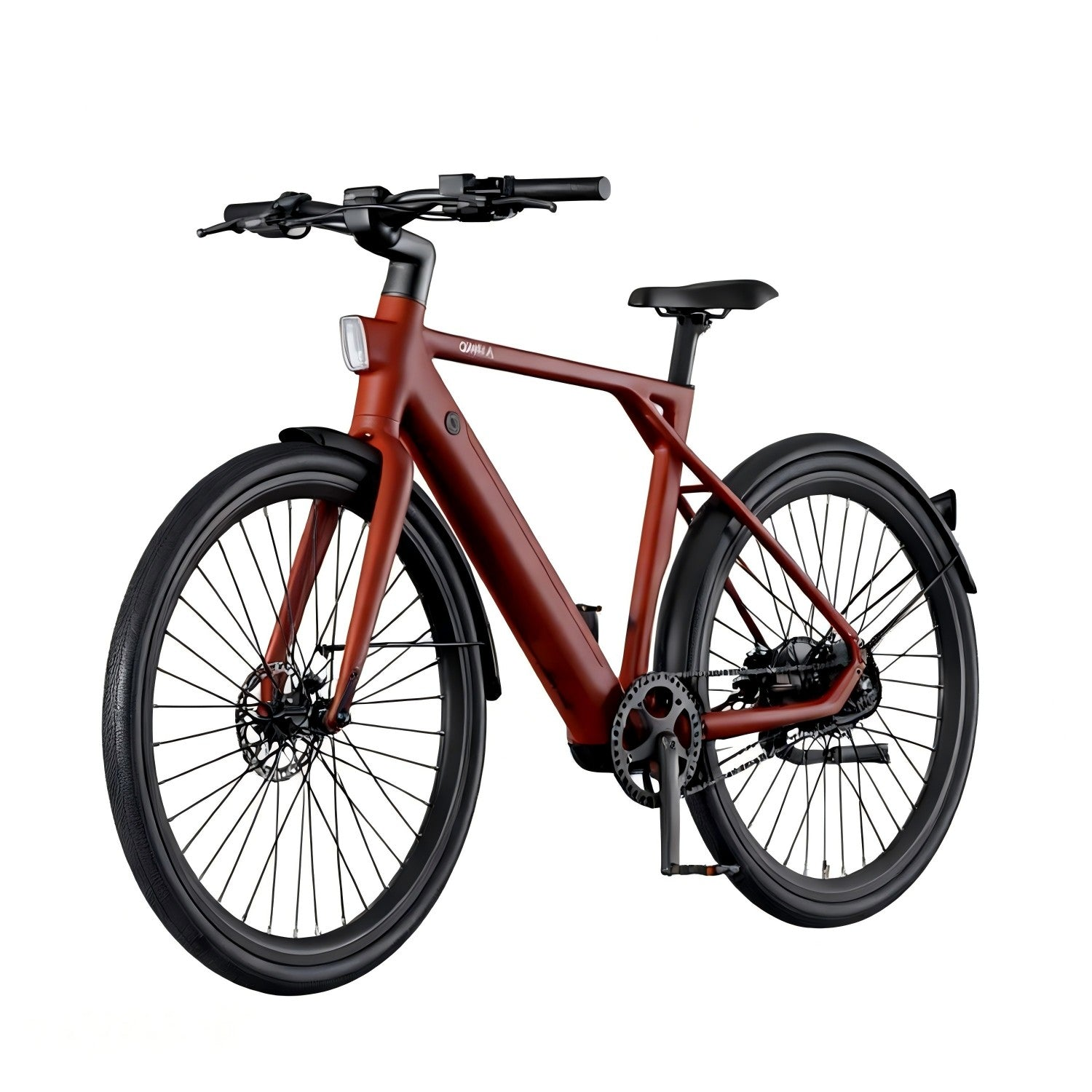 Una bicicleta de hombre roja y moderna con neumáticos, guardabarros y sillín negros.