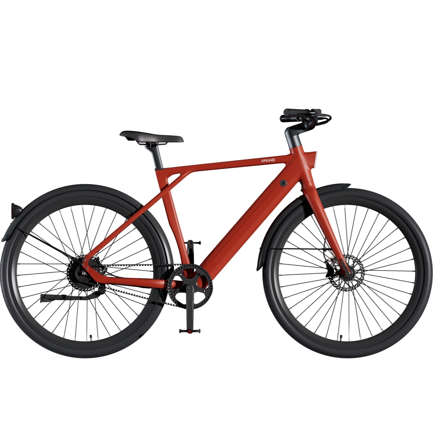 Una bicicleta roja con neumáticos, guardabarros y ruedas negras, sobre fondo blanco.