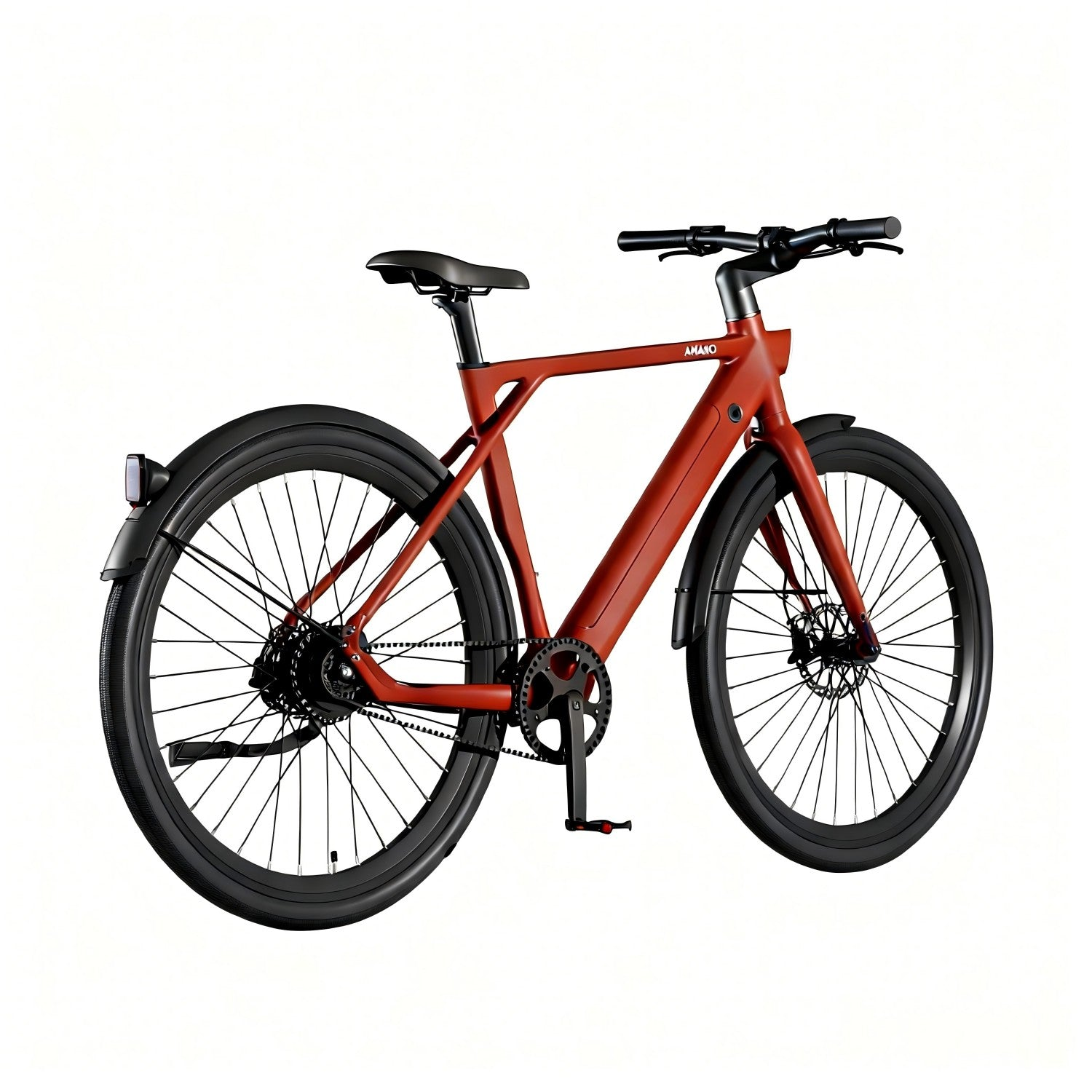 Una bicicleta roja con ruedas y neumáticos negros. Tiene guardabarros y luz trasera.