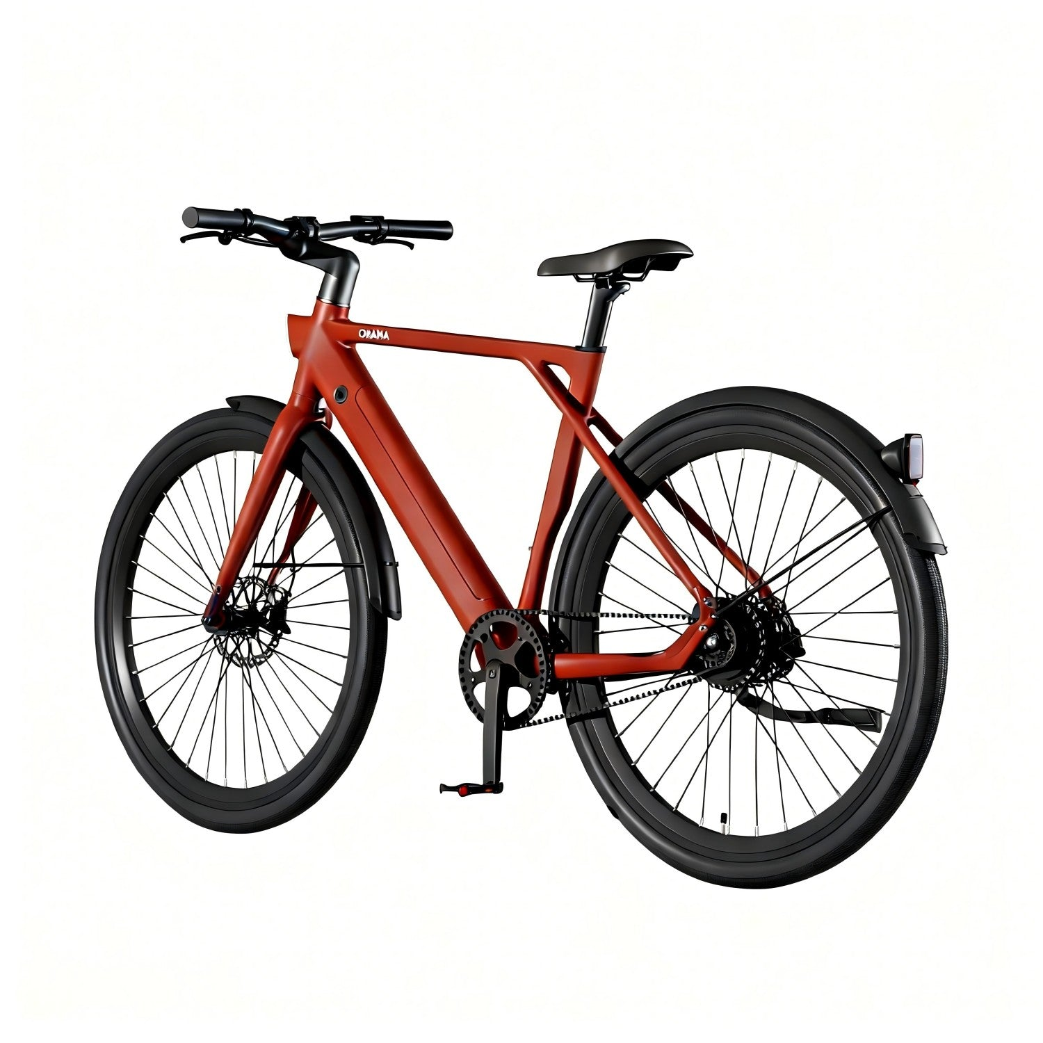 Una bicicleta roja con neumáticos y llantas negras, manillar y sillín.