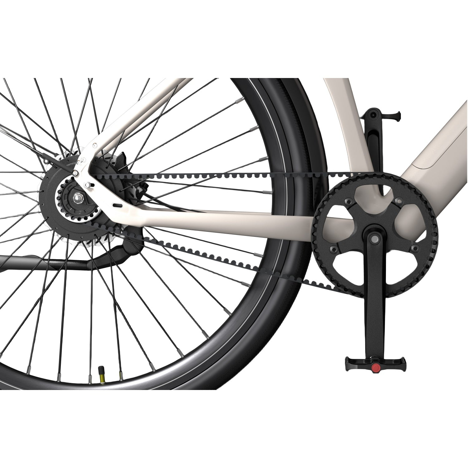 Primer plano del cuadro de bicicleta con transmisión por correa, biela y rueda trasera.