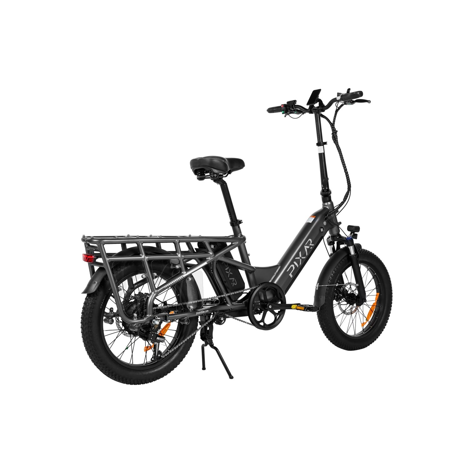 Una bicicleta eléctrica plegable gris con portaequipajes trasero y llantas anchas.
