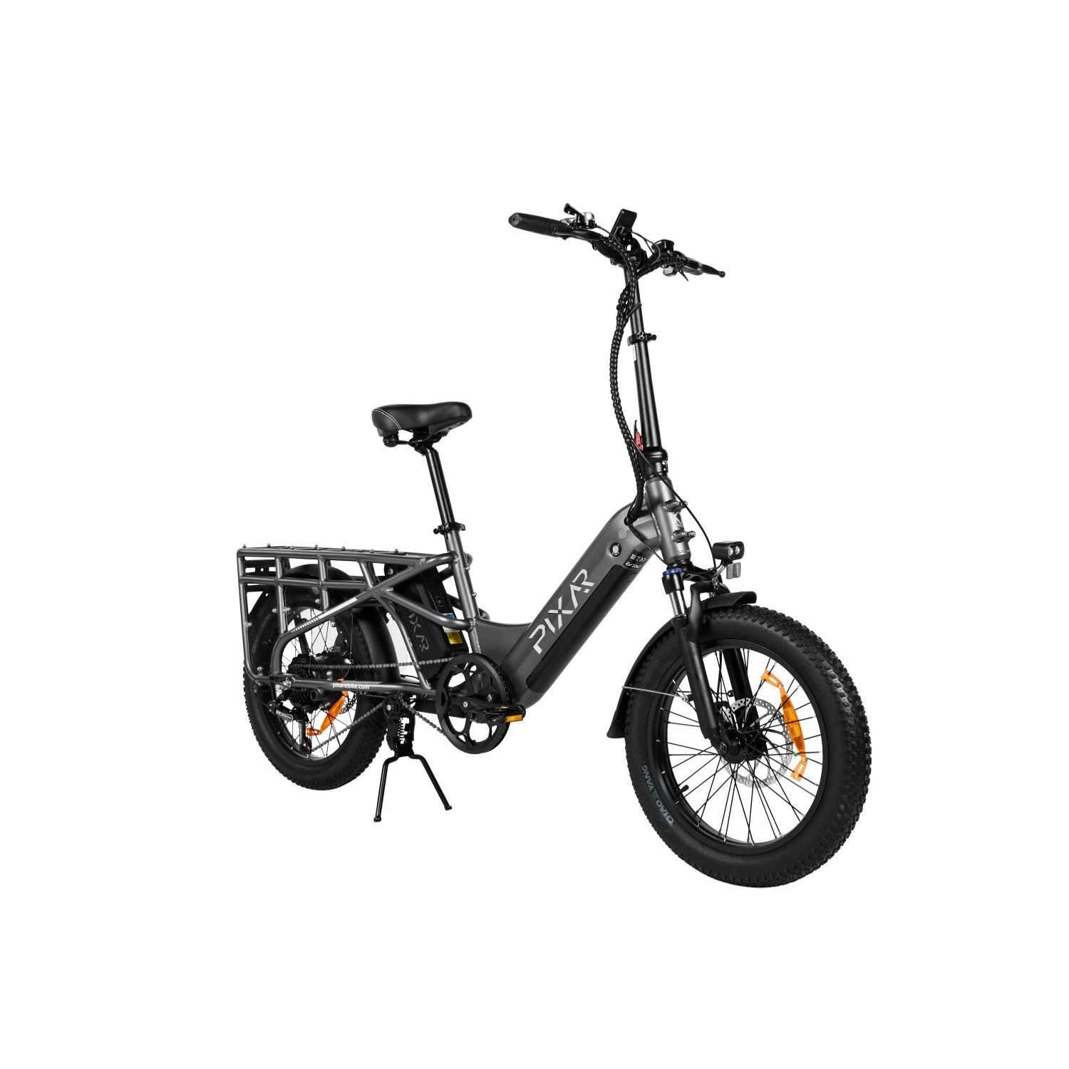 Bicicleta eléctrica plegable gris con neumáticos anchos y portaequipajes.