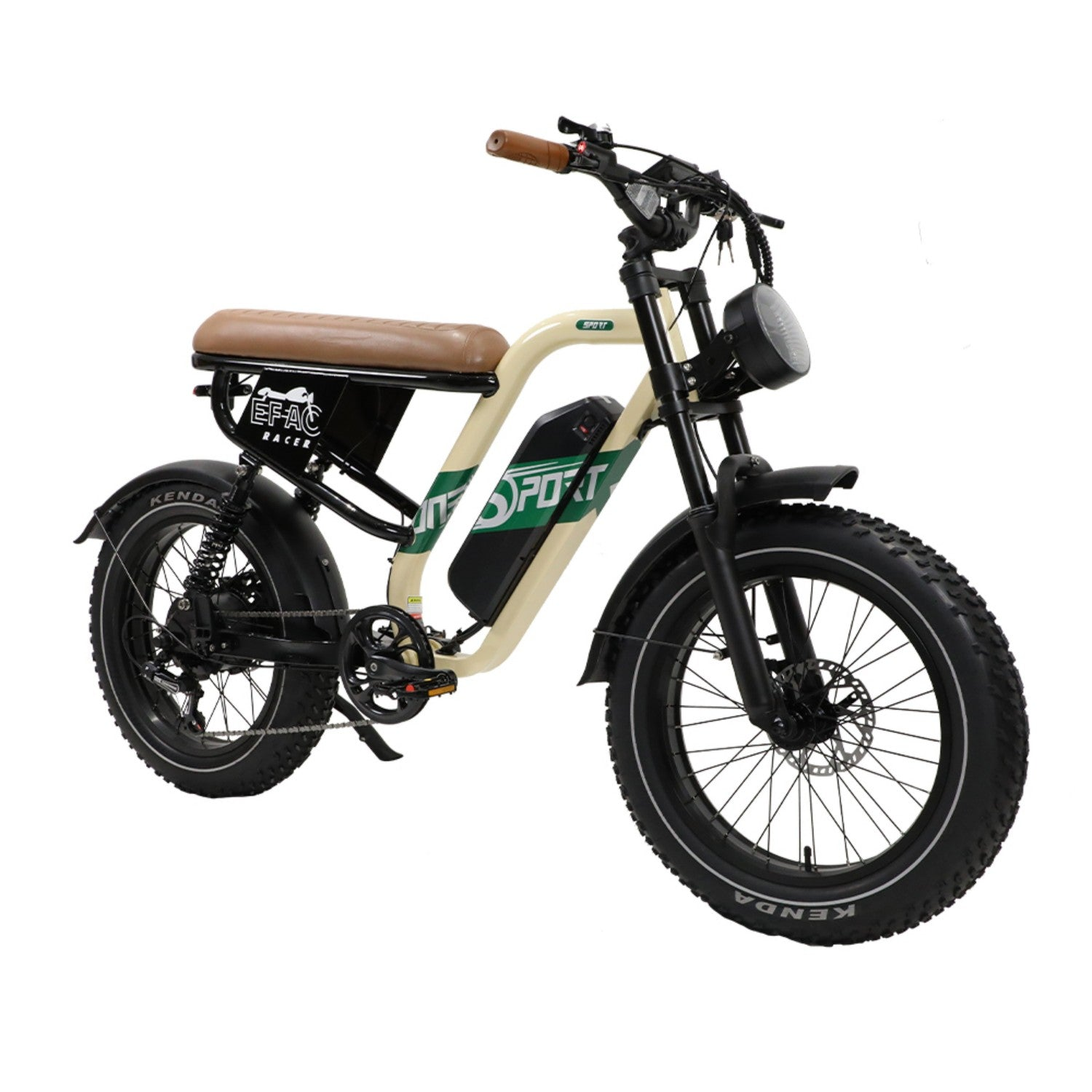 Una bicicleta eléctrica color crema con asiento marrón, neumáticos anchos y marco negro.