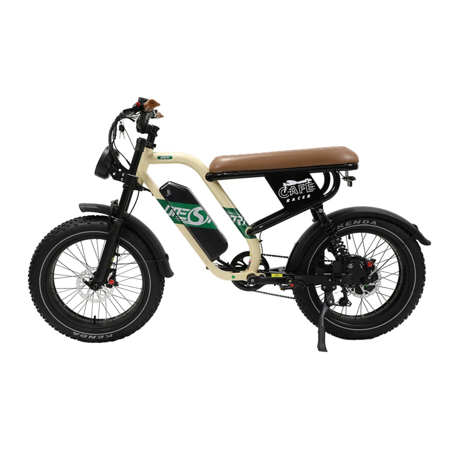 Una e-bike retro color crema con asiento marrón y cuadro negro.