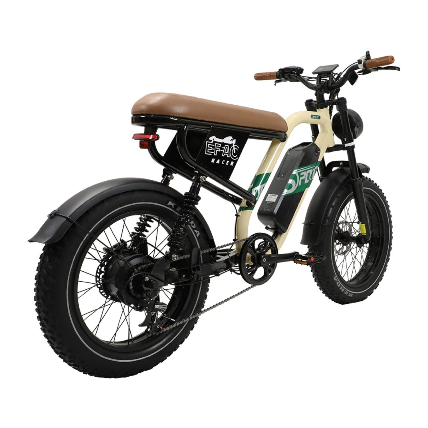 Una bicicleta eléctrica color crema con asiento marrón, ruedas anchas y cuadro negro.