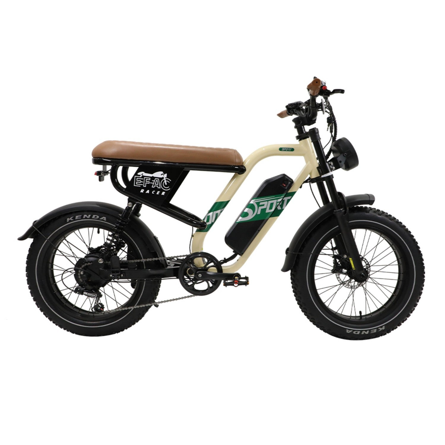 Una bicicleta eléctrica color crema con asiento marrón, neumáticos anchos y detalles verdes.