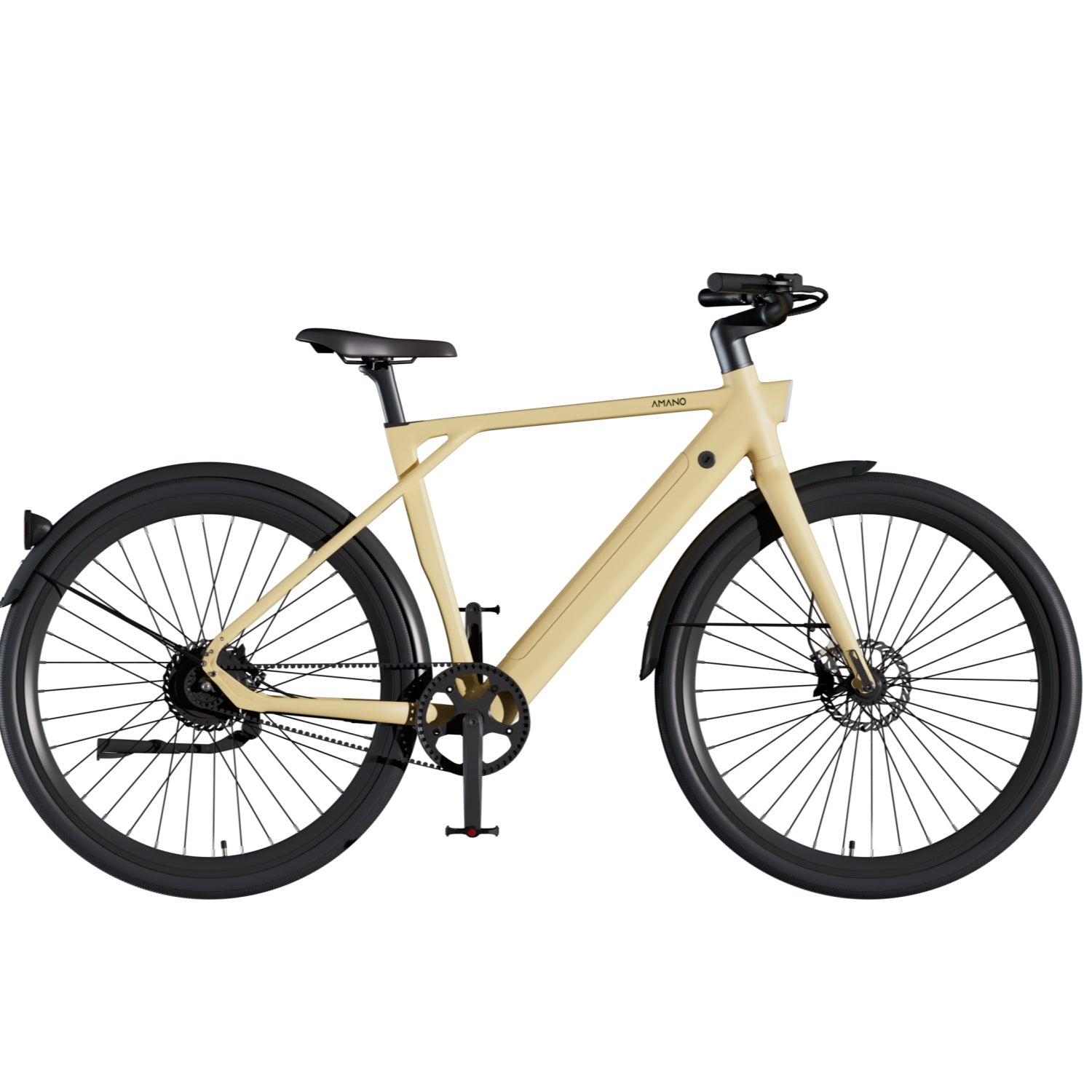 Una bicicleta eléctrica AMANO beige con ruedas, asiento y guardabarros negros.