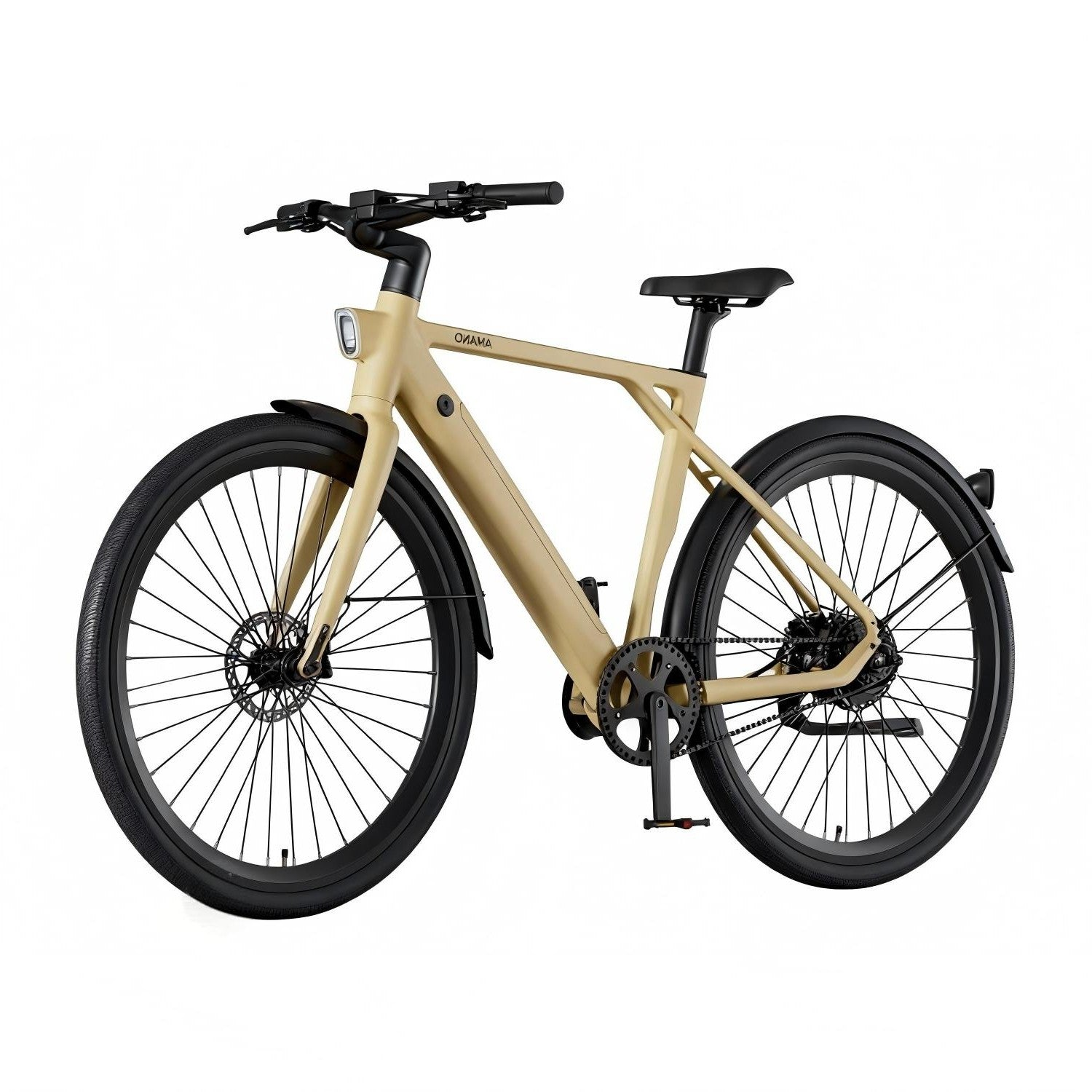 Una bicicleta de color arena con neumáticos, llantas y detalles negros.