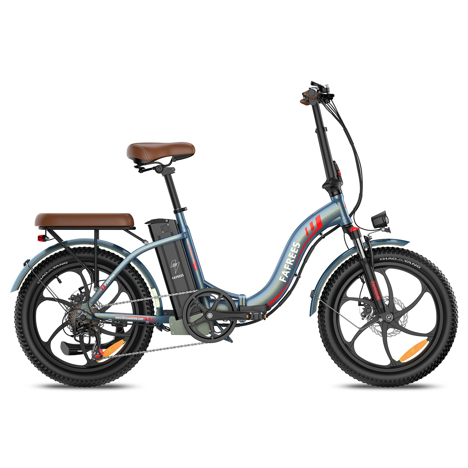 Una bicicleta eléctrica plegable azul con asientos marrones y ruedas negras.