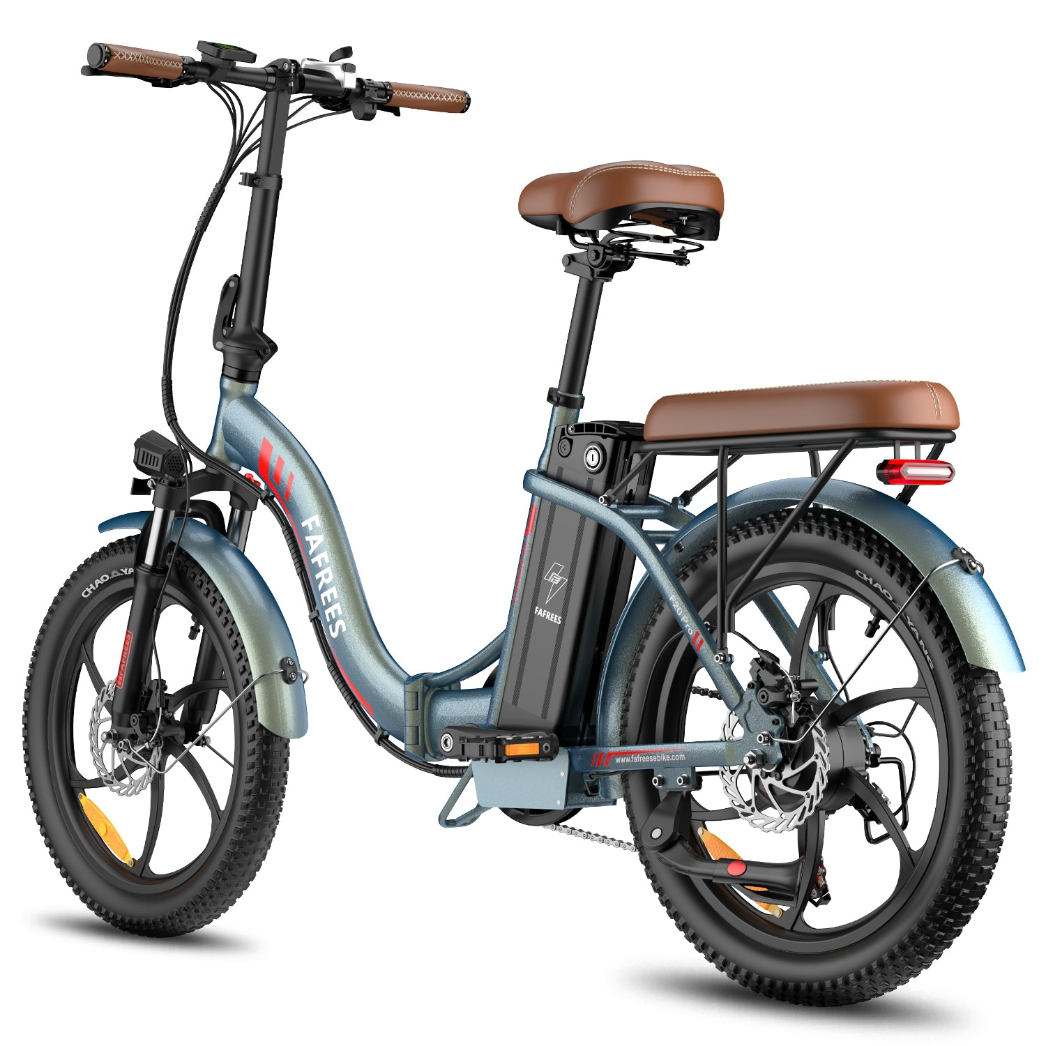 Una bicicleta eléctrica Fafrees azul claro con asientos y puños marrones, sobre fondo blanco.
