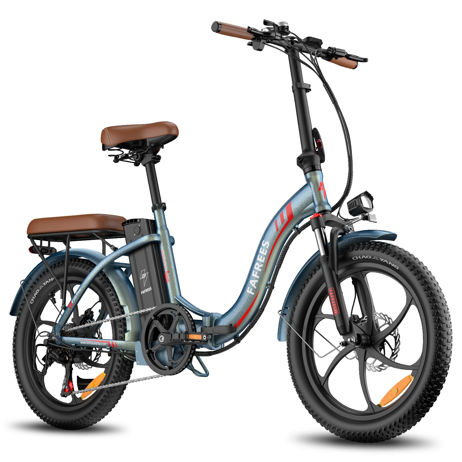 Una bicicleta eléctrica plegable azul con asientos marrones y neumáticos anchos.