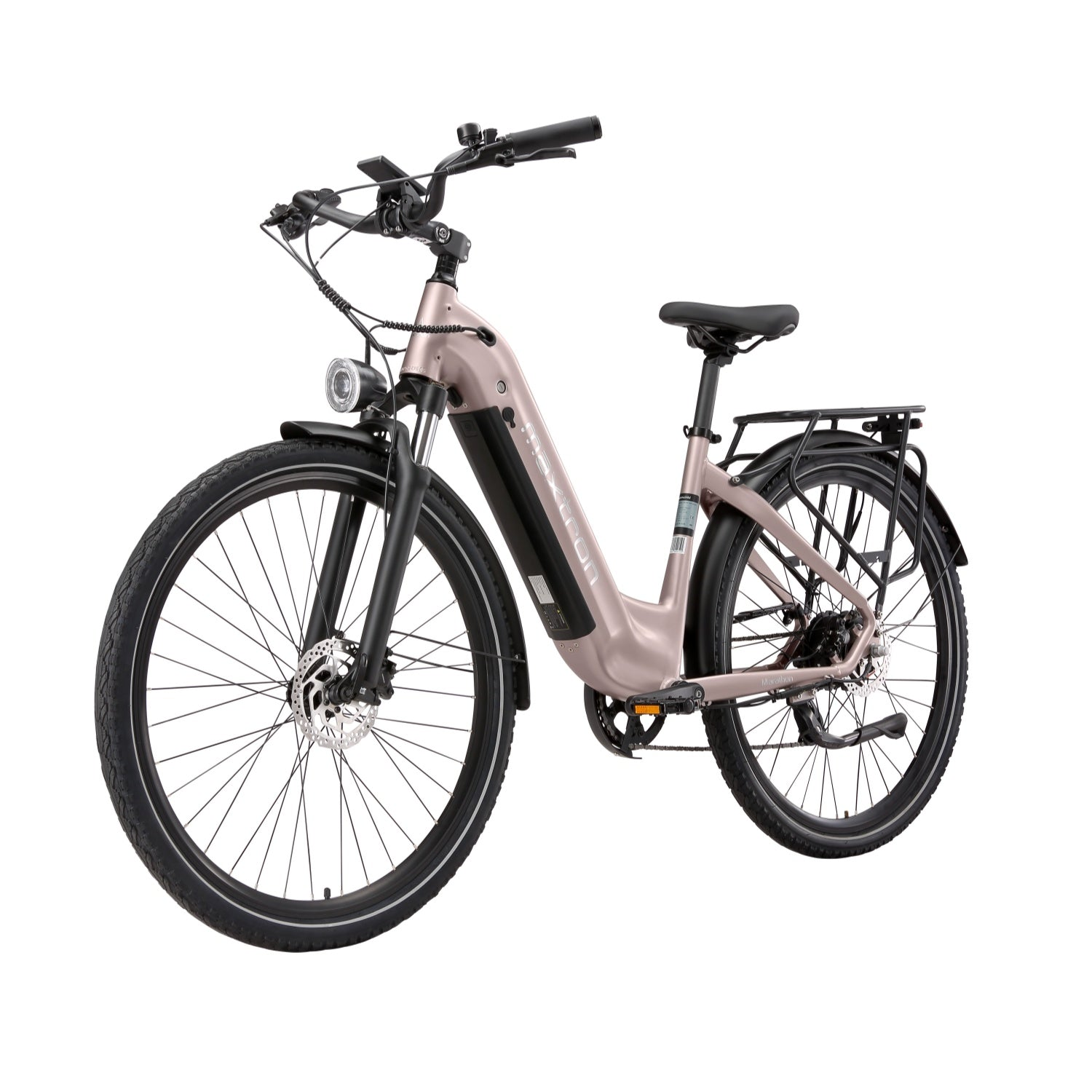 Una bicicleta eléctrica color oro rosa con portaequipajes, luz delantera y frenos de disco.