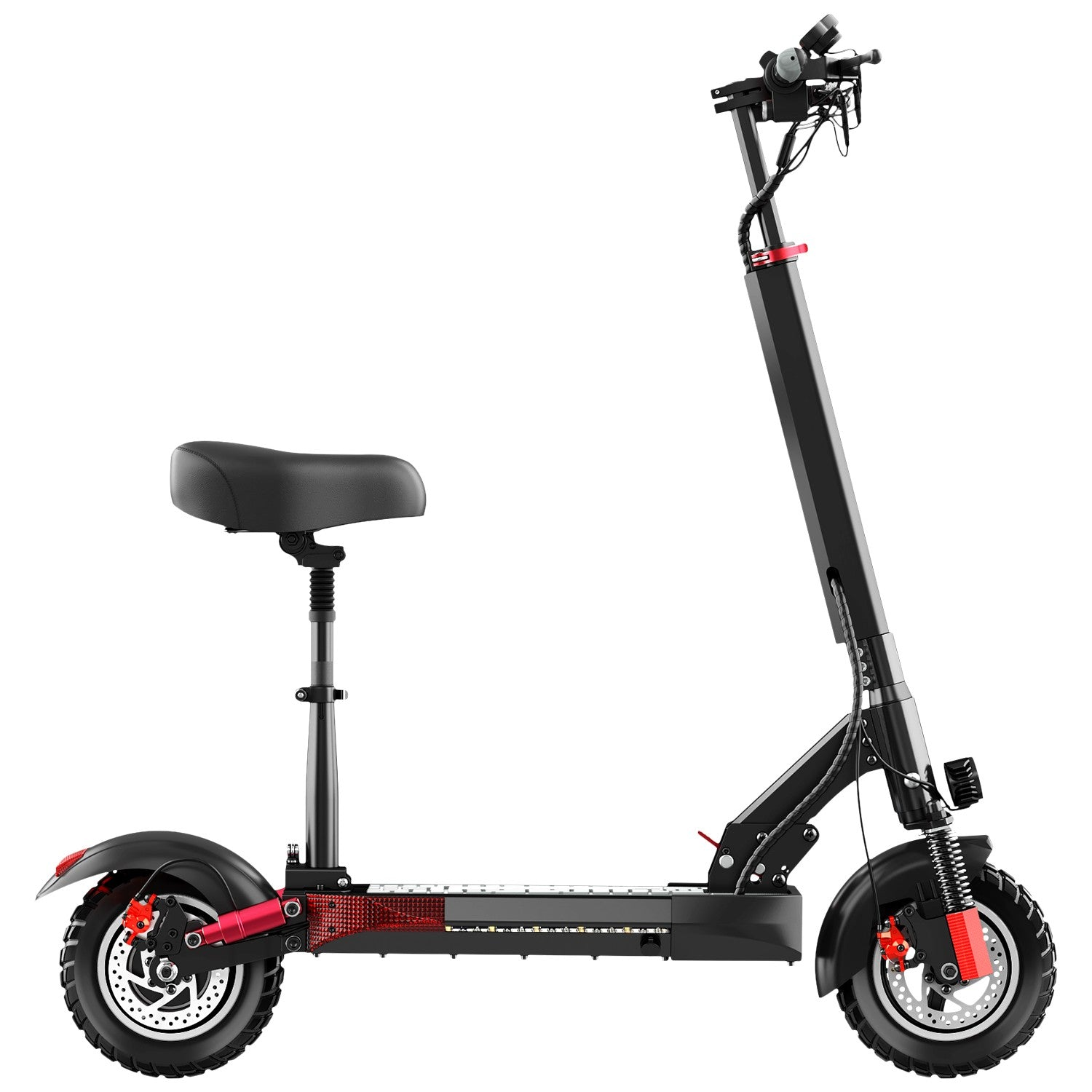 Monopattino elettrico nero con sedile, pinze freno rosse e luci.