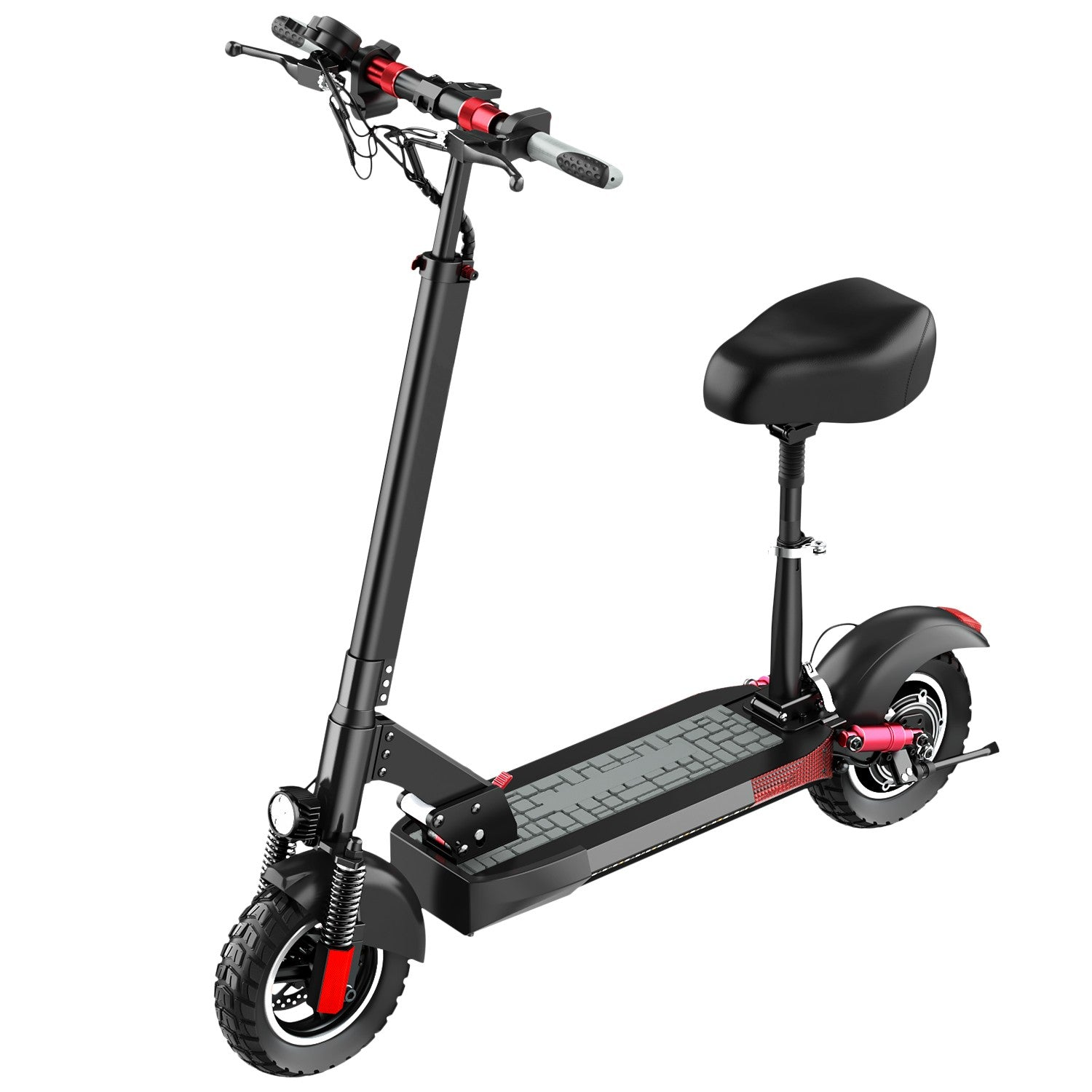 Uno scooter elettrico nero con sedile, sospensioni e luci a LED.