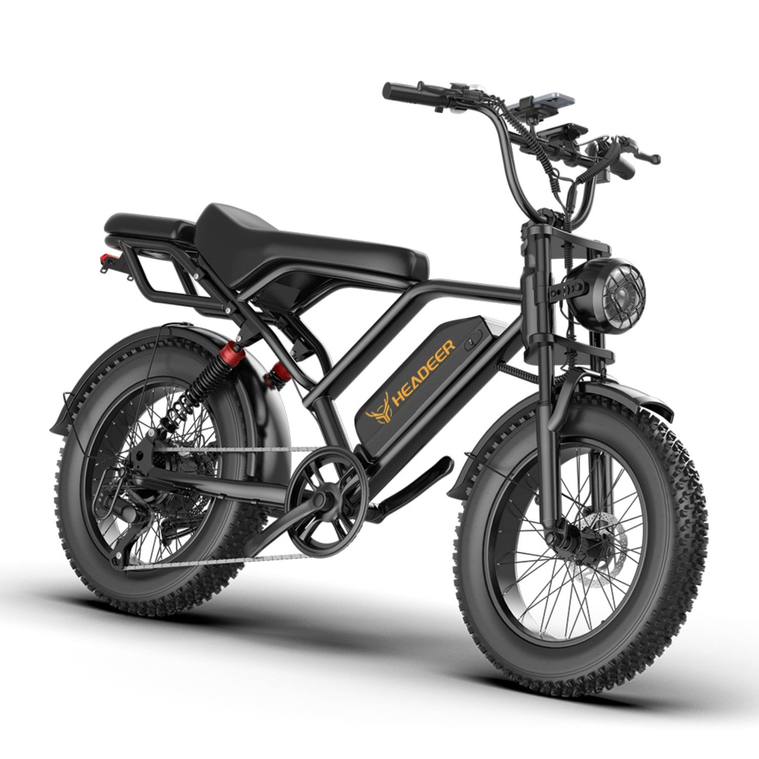 Ein schwarzes E-Bike mit fetten Reifen, Sitzbank und rundem Scheinwerfer.