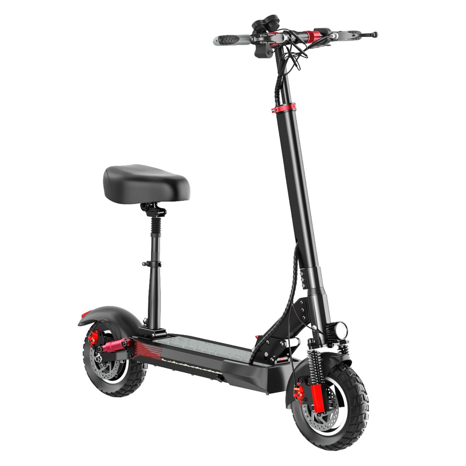 Uno scooter elettrico nero con sedile, accenti rossi e pneumatici grandi.