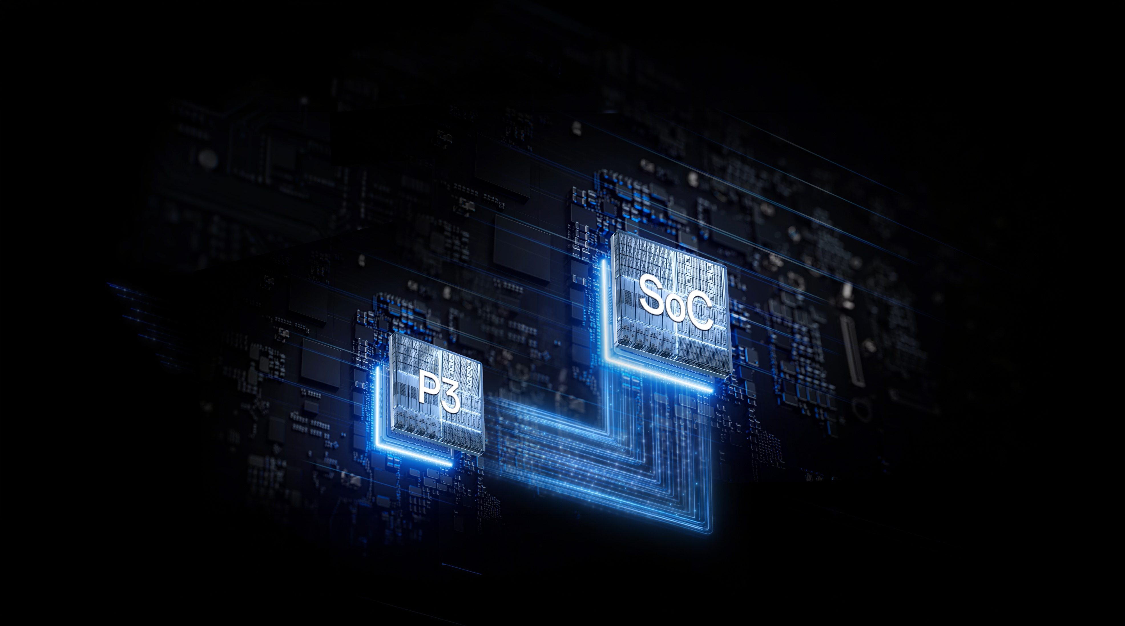 Twee processors "P3" en "SoC" op een printplaat met blauwe lichteffecten.