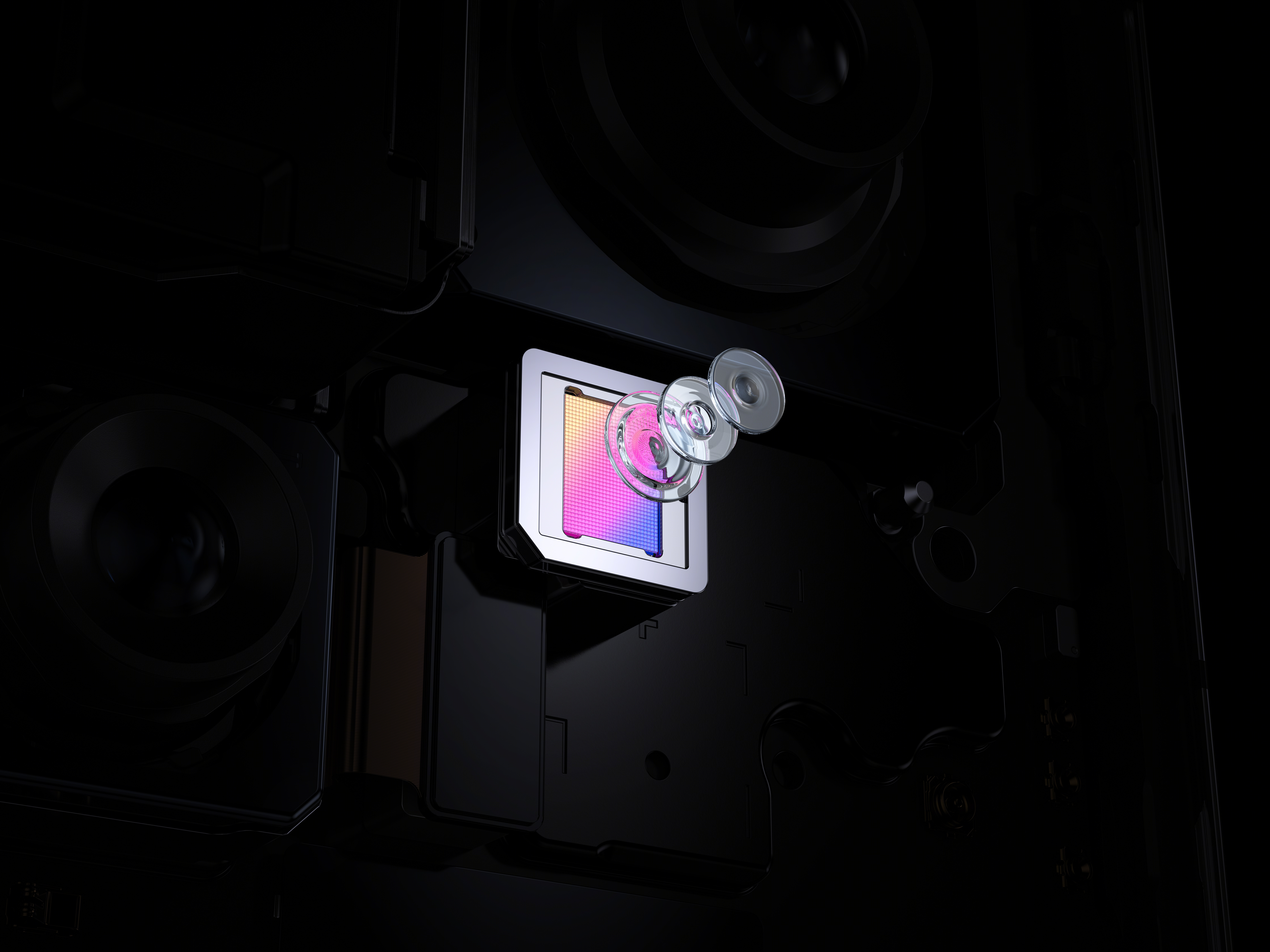 Gros plan d'une caméra de smartphone avec capteur multicolore et lentilles.