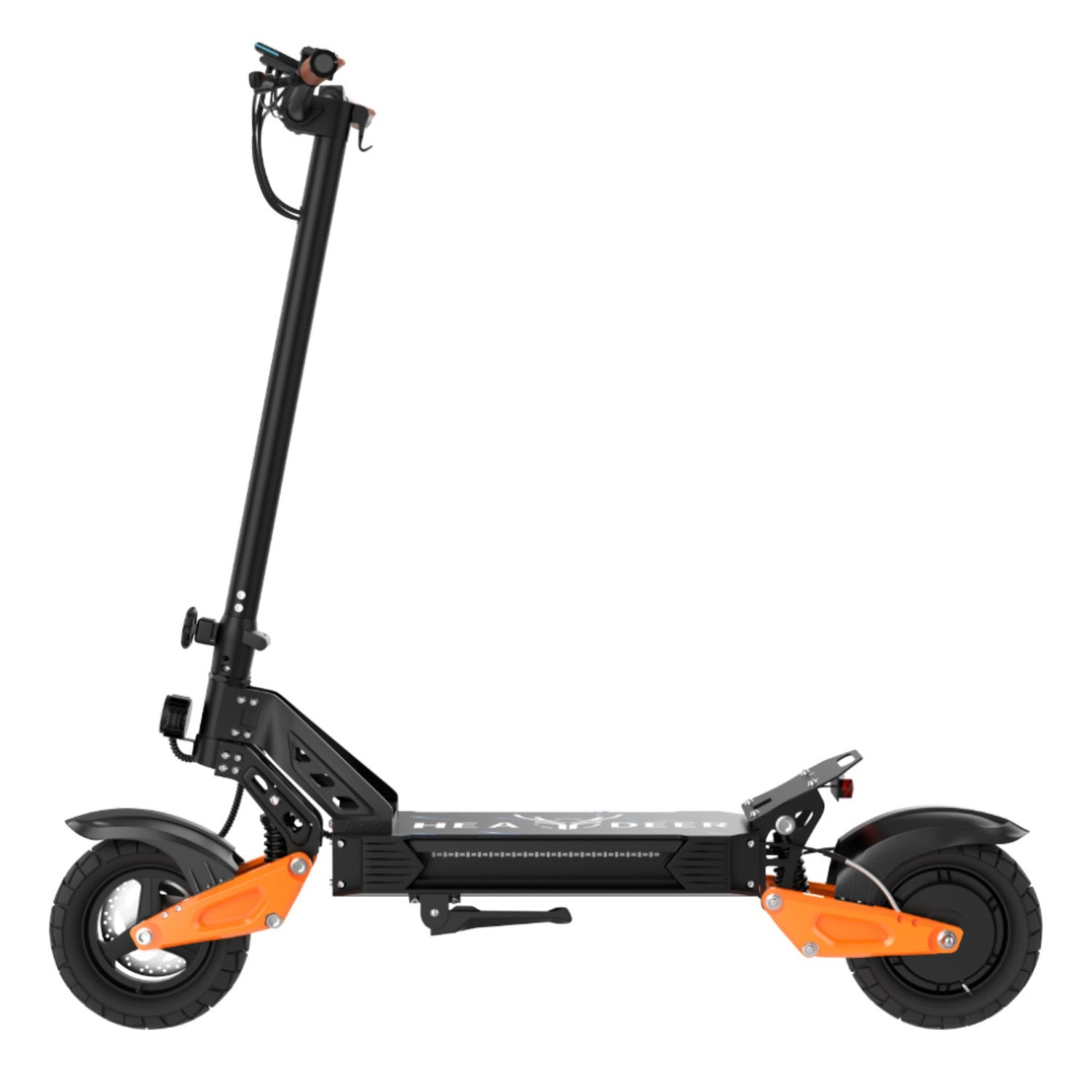 Monopattino elettrico nero con accenti arancioni, vista laterale.