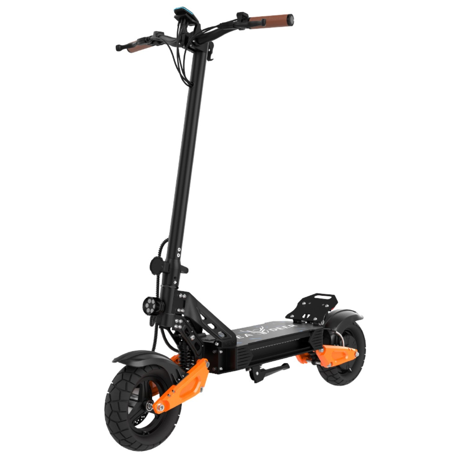 Uno scooter elettrico nero con accenti arancioni e manubrio marrone.