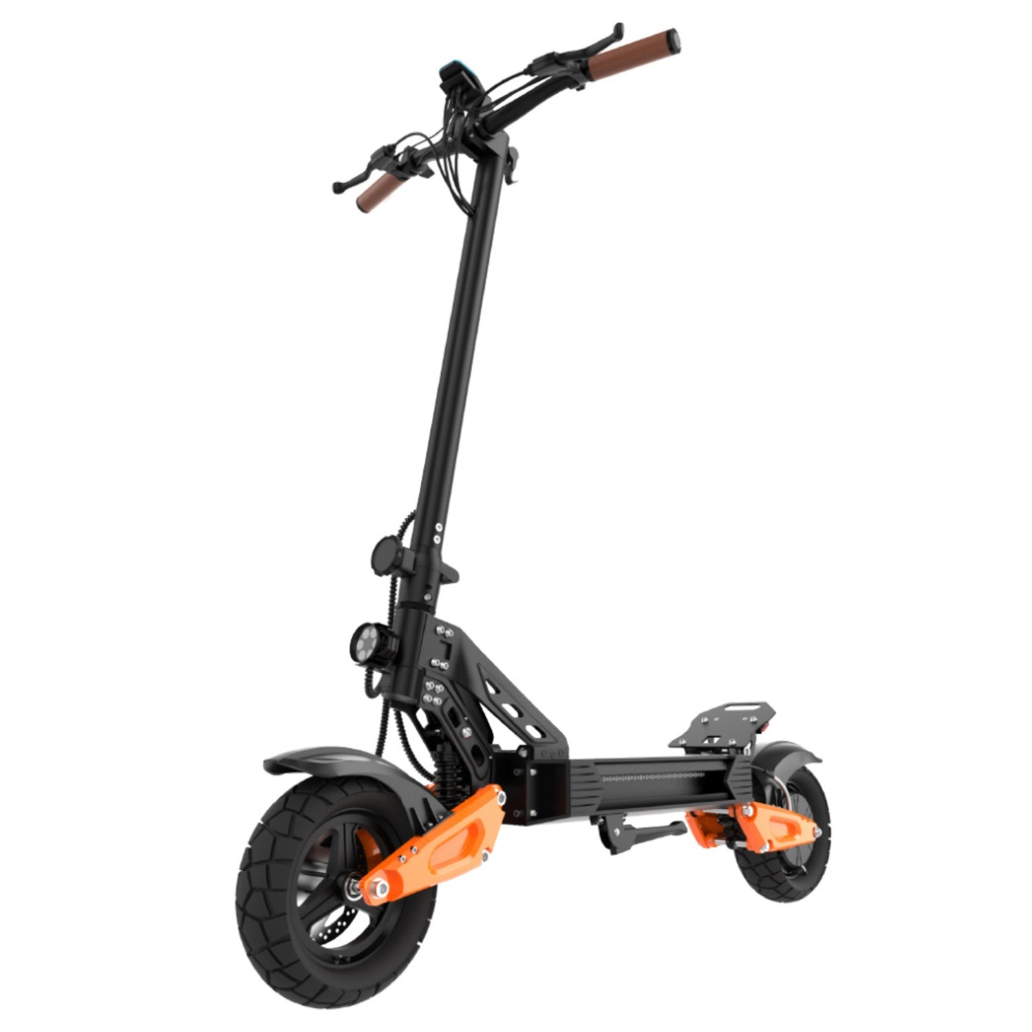 Un monopattino elettrico nero con accenti arancioni e manubrio marrone.
