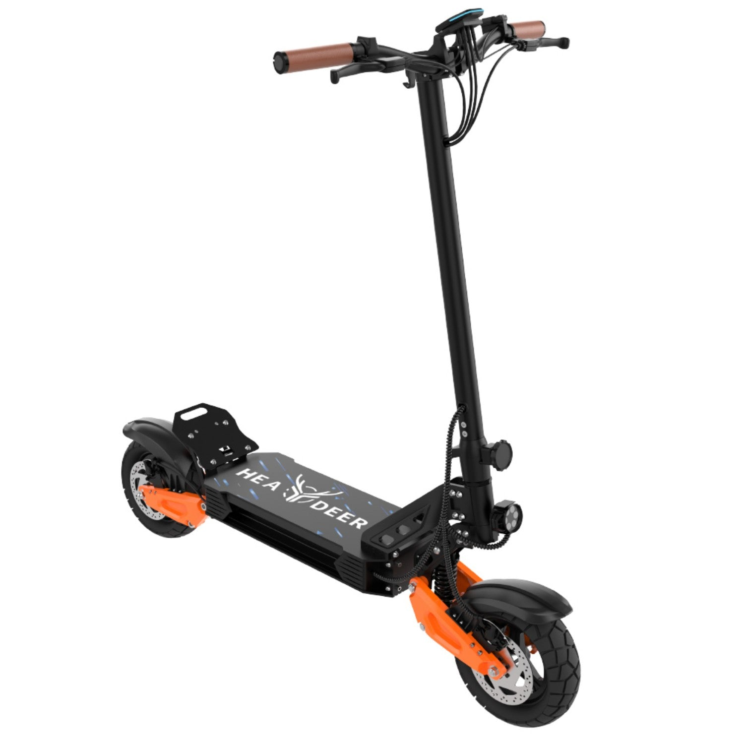 Uno scooter elettrico nero con accenti arancioni e impugnature marroni.