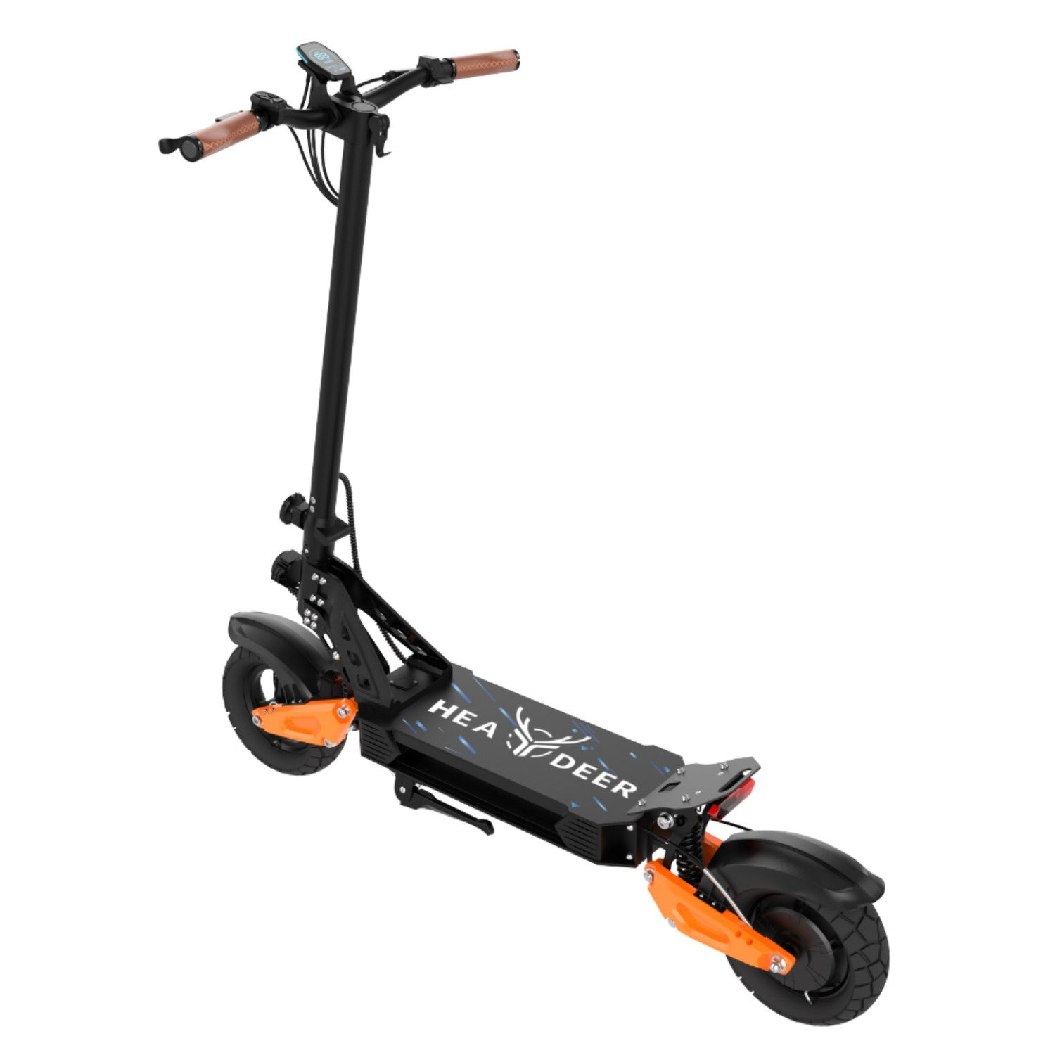 Uno scooter elettrico nero con accenti arancioni e manubrio marrone.