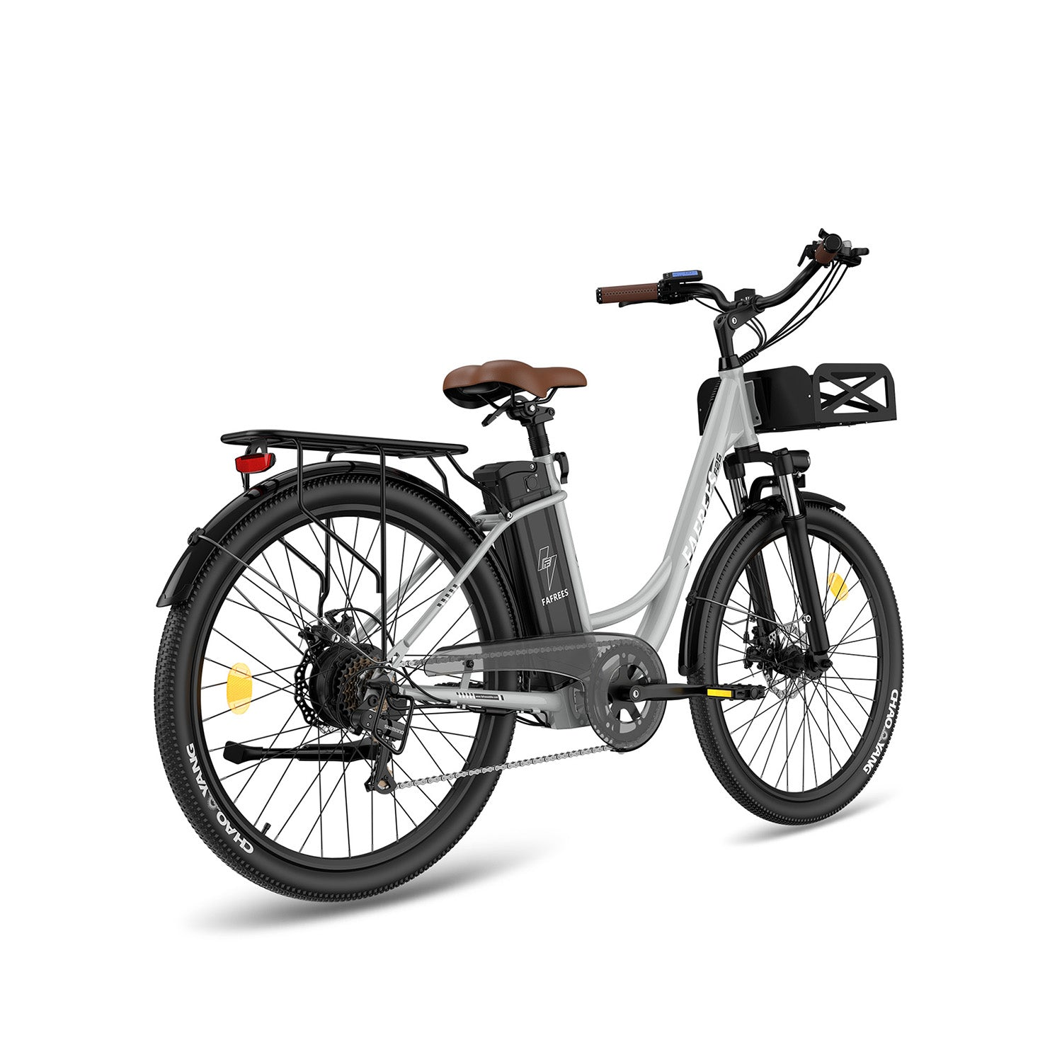 Ein hellgraues E-Bike mit braunen Akzenten, Gepäckträger hinten und vorderem Korb.