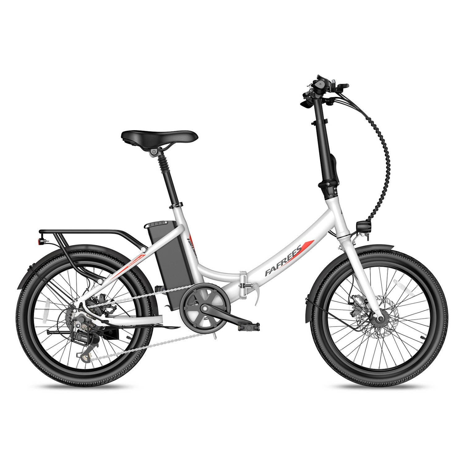 Una bicicletta elettrica pieghevole bianca con portapacchi posteriore e batteria.