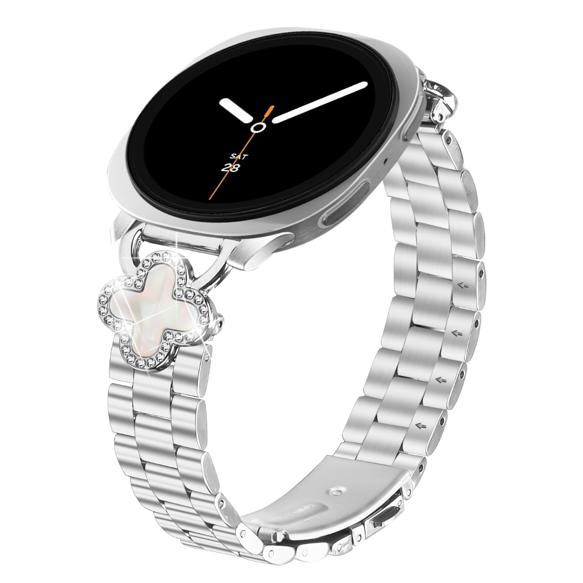 Smartwatch argentato con cinturino in metallo e ciondolo quadrifoglio con strass.