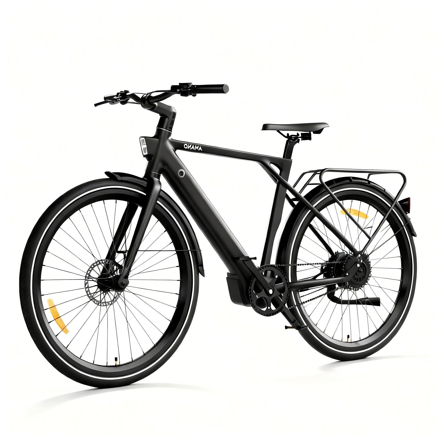 Bicicleta eléctrica negra con portaequipajes, fondo blanco.