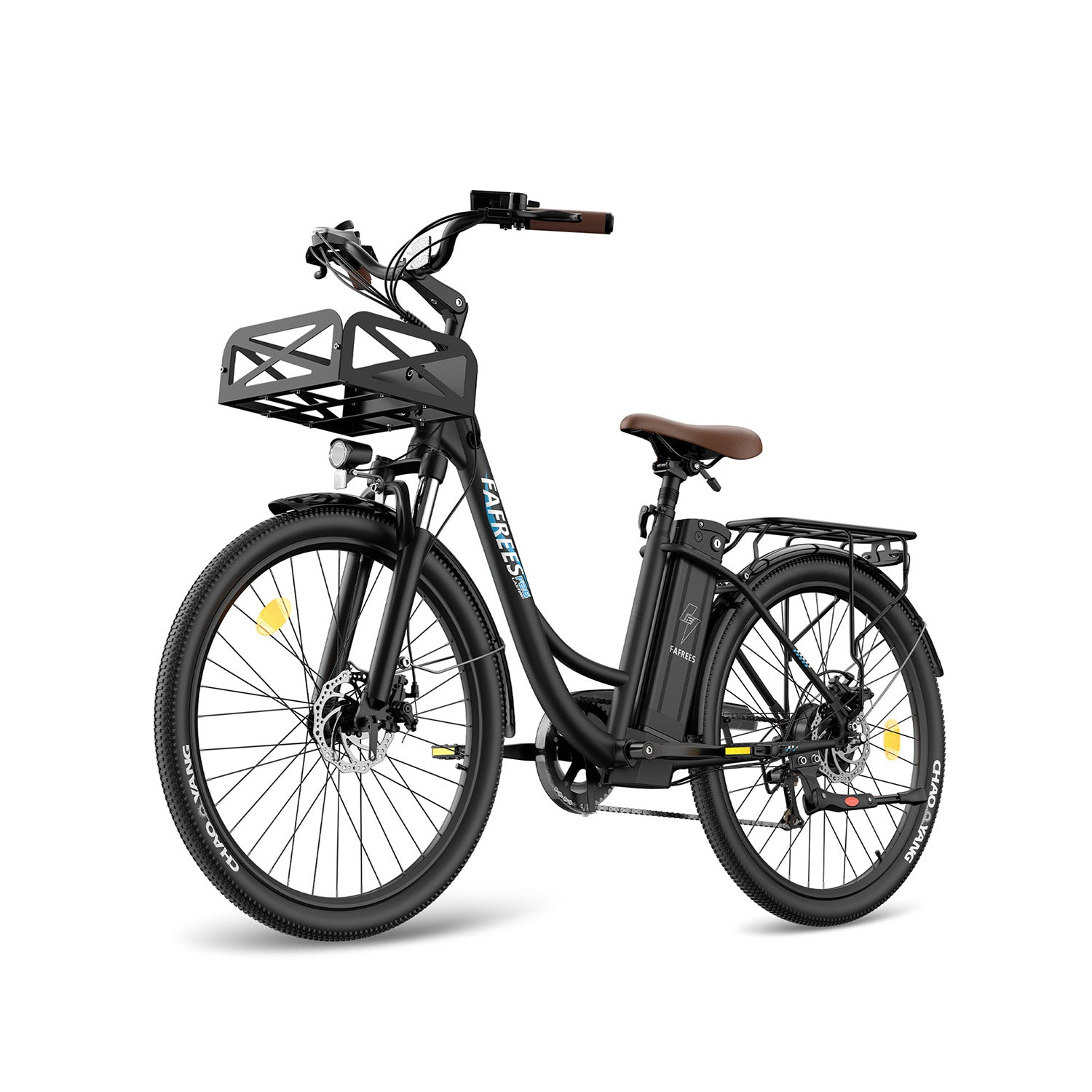 Bicicletta elettrica nera con sella marrone, cestino anteriore e portapacchi.
