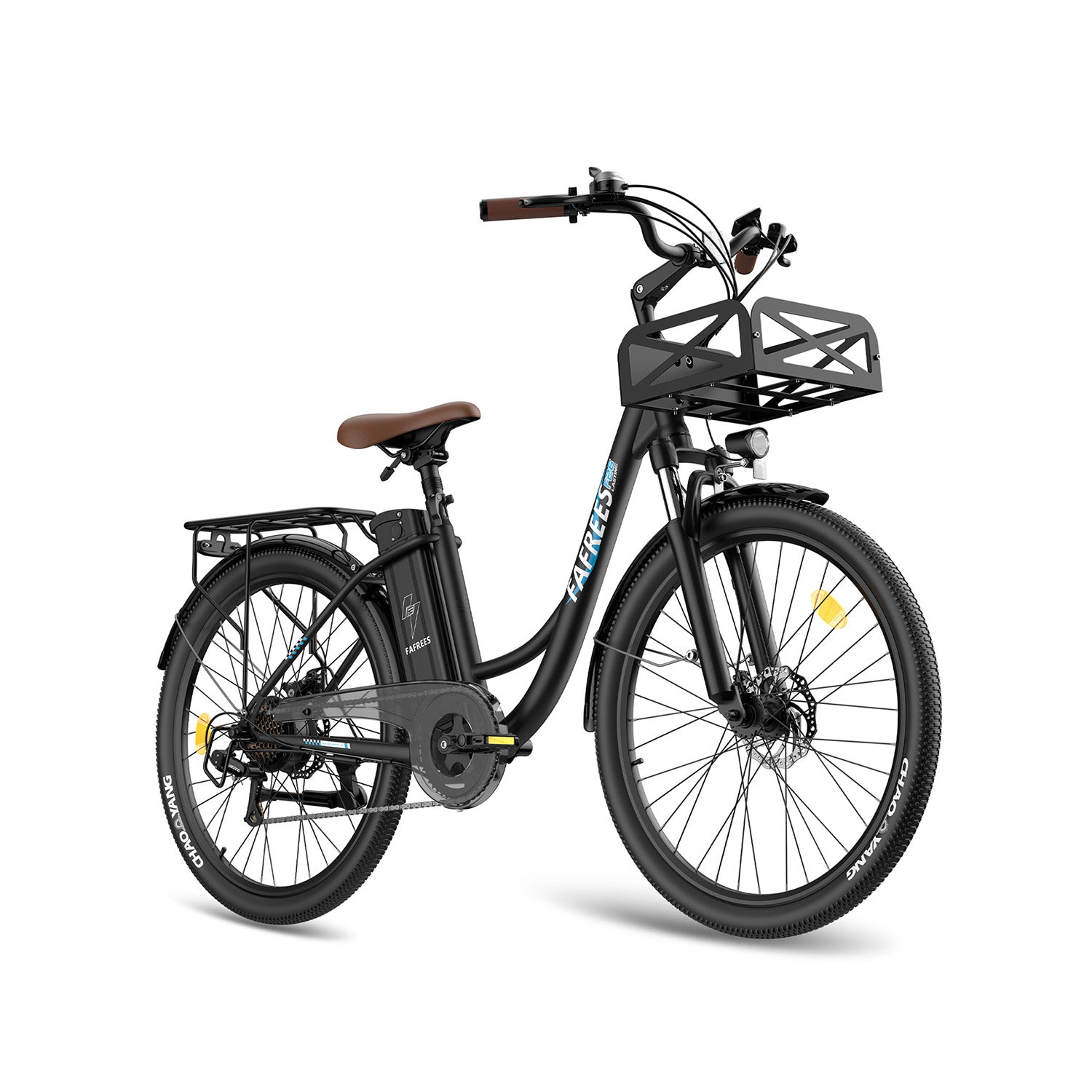 Bici elettrica nera con sella marrone, portapacchi anteriore e posteriore, scritte bianche.