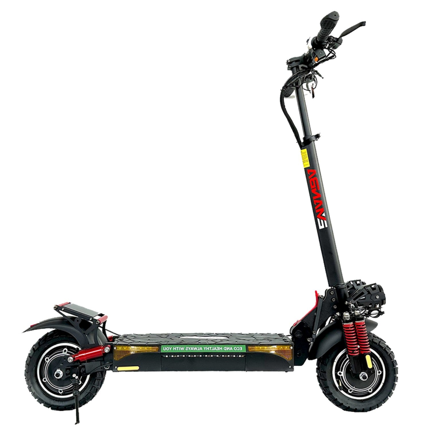 Monopattino elettrico nero con accenti rossi, ruote grandi e sospensioni anteriori.