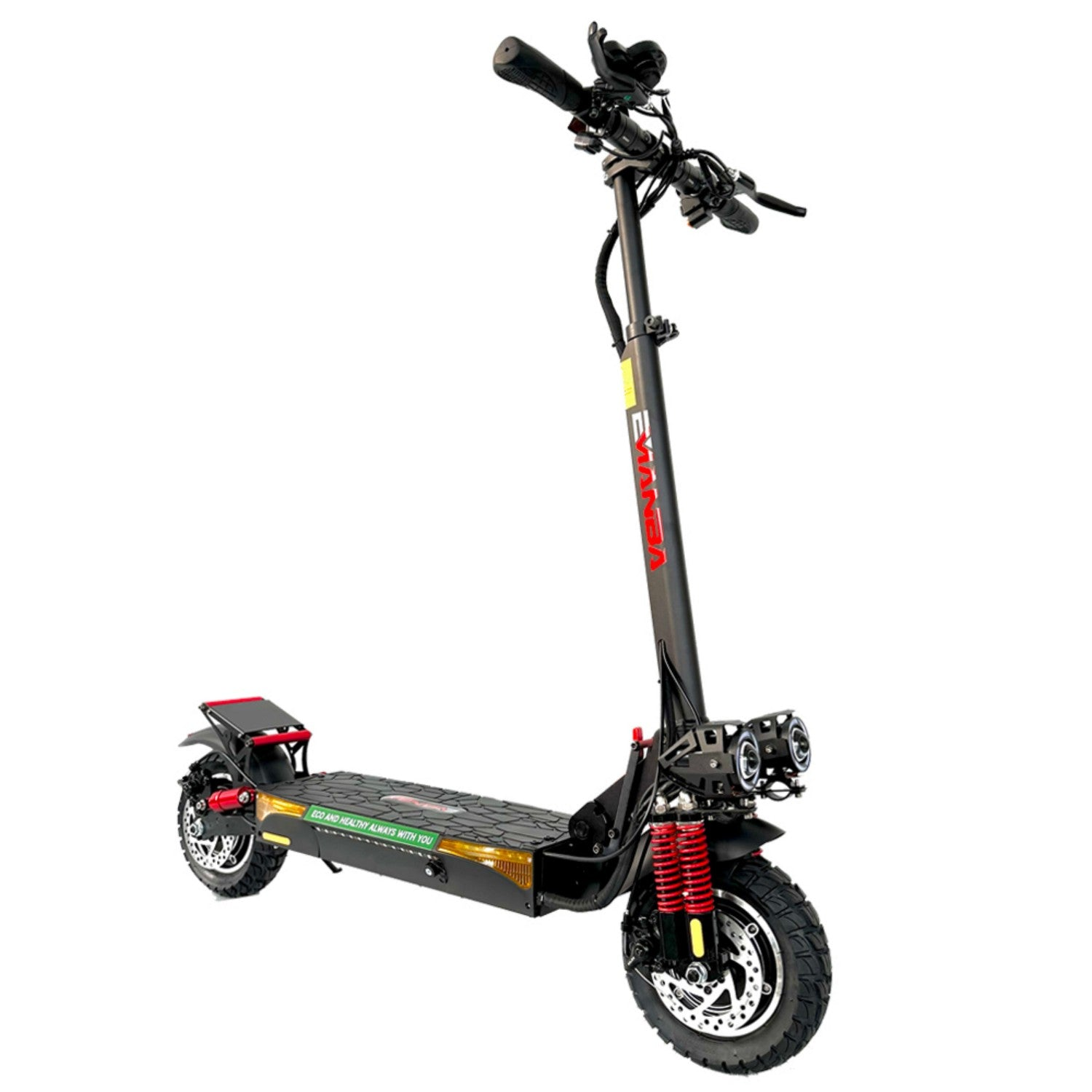 Uno scooter elettrico nero con doppio faro e ammortizzatori rossi.