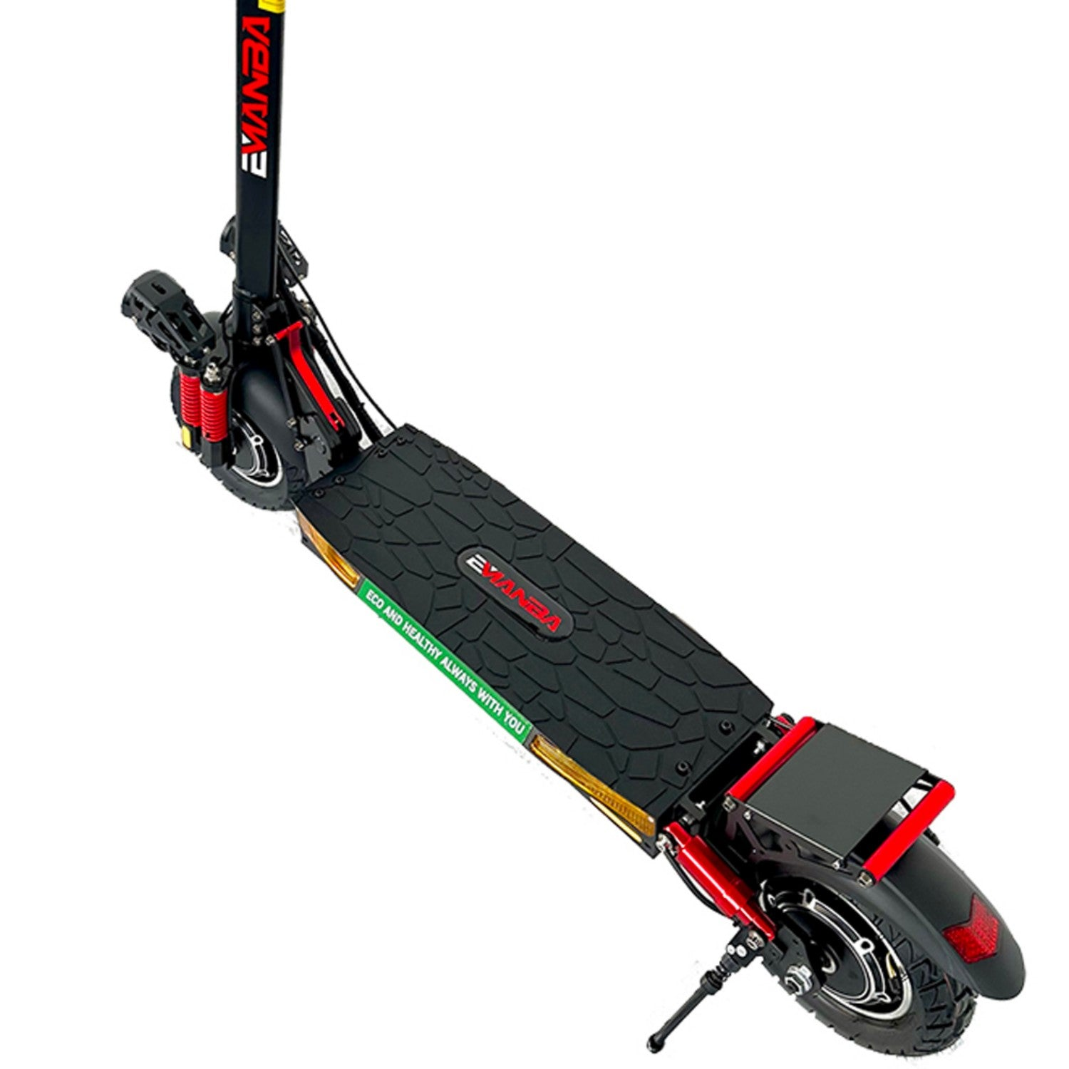 Monopattino elettrico con pedana nera, accenti rossi e logo "EVANBA".