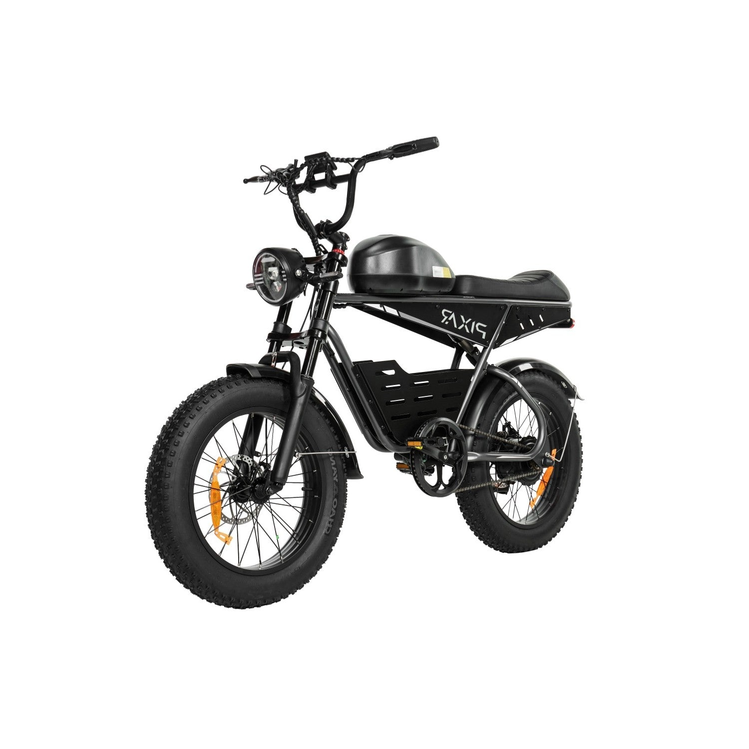 Bicicleta eléctrica negra con neumáticos anchos, faro redondo y manillar recto.