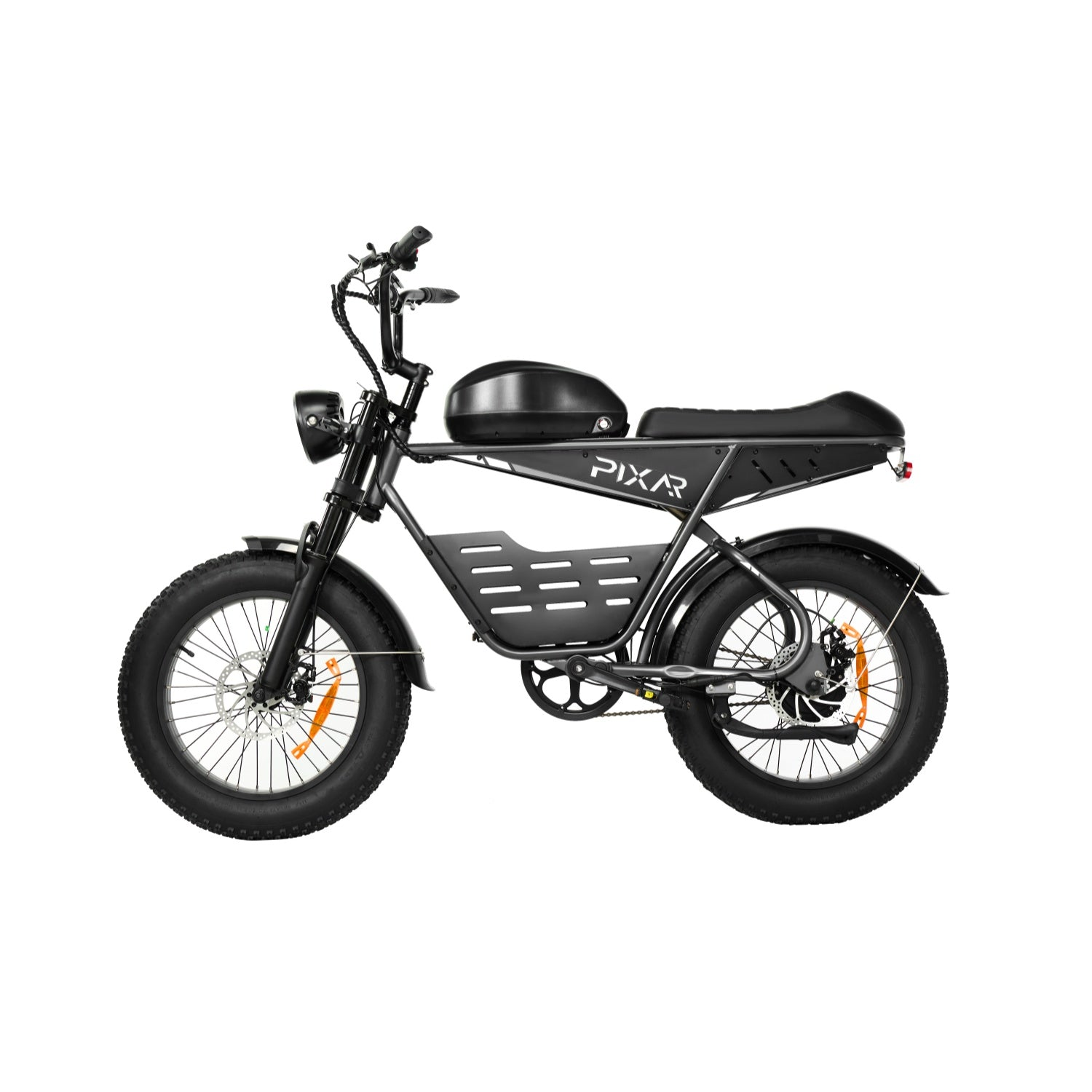 Una bicicleta eléctrica negra con neumáticos anchos, un faro redondo y el logo PIXAR.