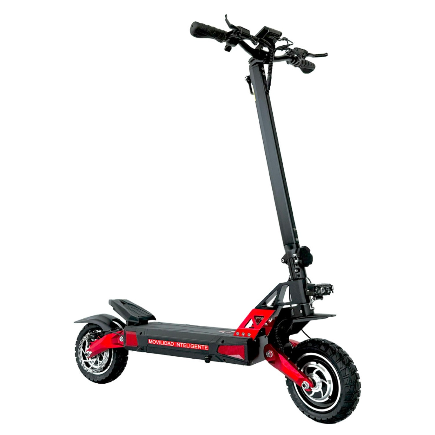 Uno scooter elettrico nero e rosso con ruote grandi e pedana larga.