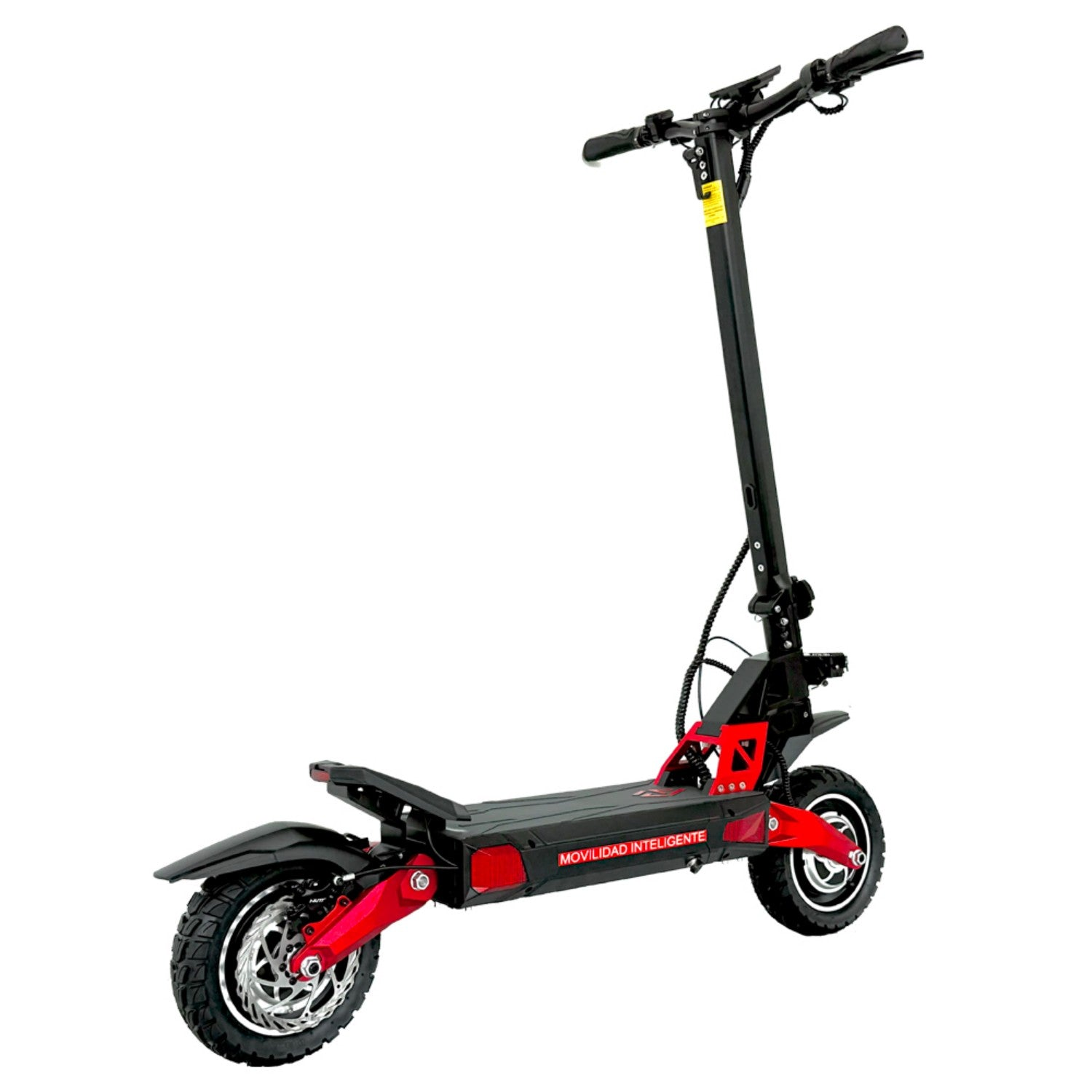 Monopattino elettrico nero con accenti rossi e pneumatici larghi.