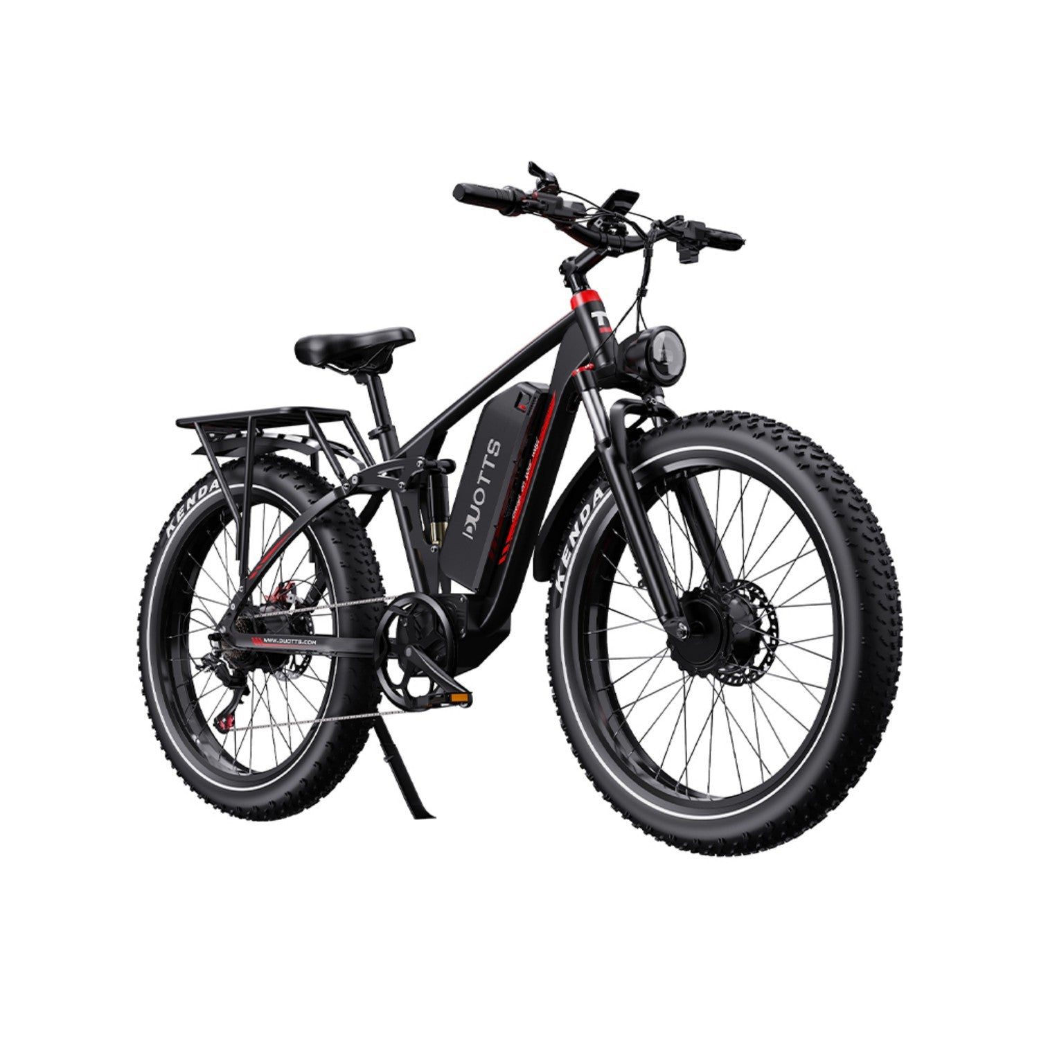 Bicicleta eléctrica negra de llantas anchas con portabultos trasero y faro delantero.
