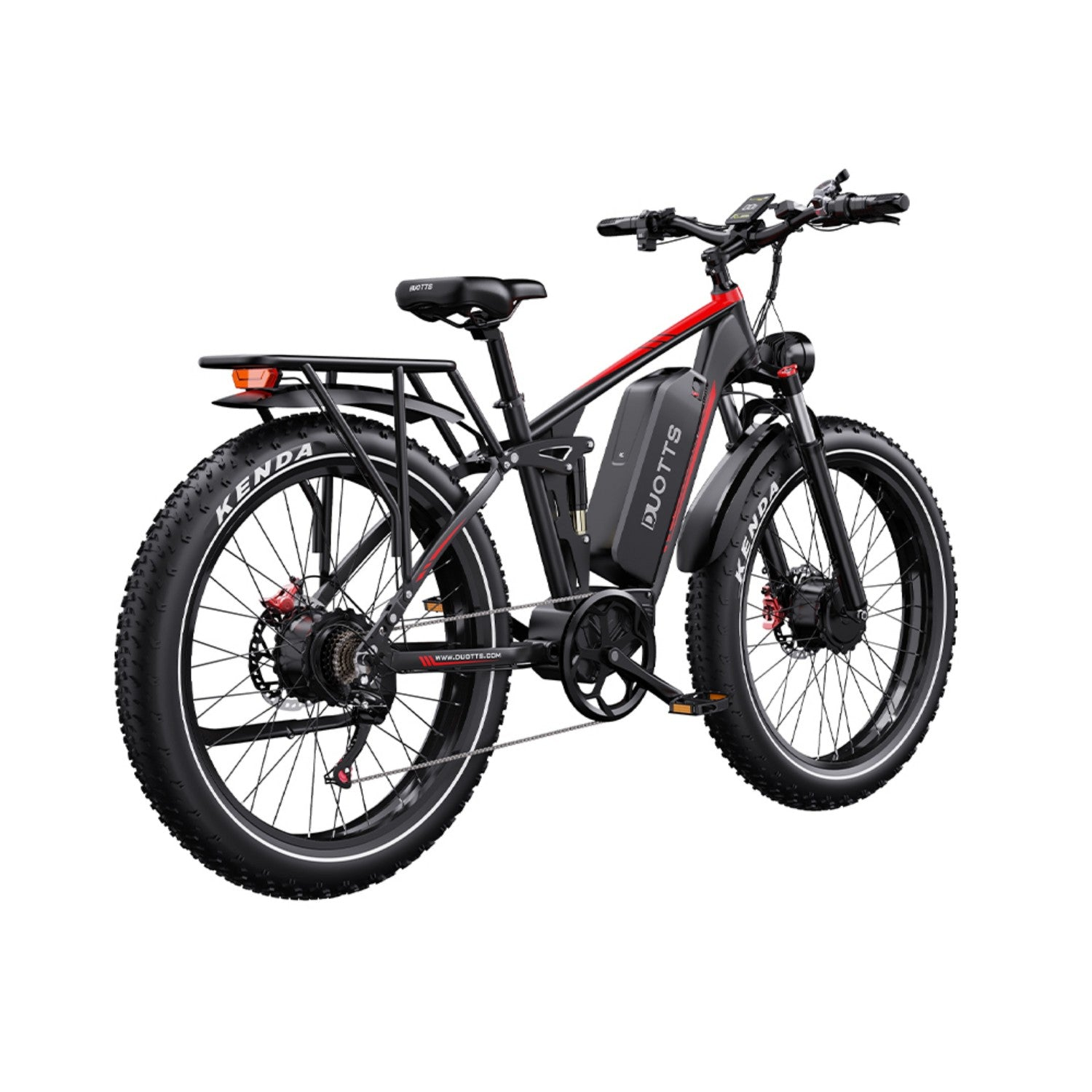 Bicicleta eléctrica negra con neumáticos anchos, portabultos, cuadro rojo y negro y batería.