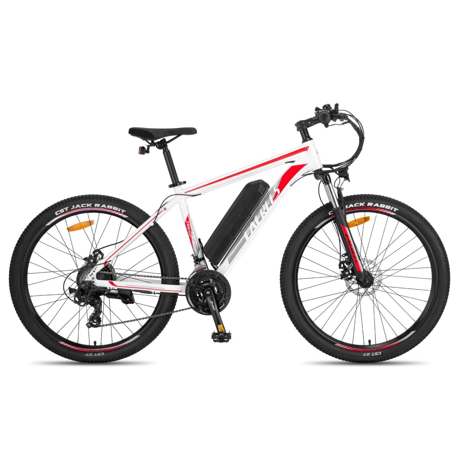 Weißes E-Mountainbike mit roten Akzenten, schwarzem Sattel und Reifen.