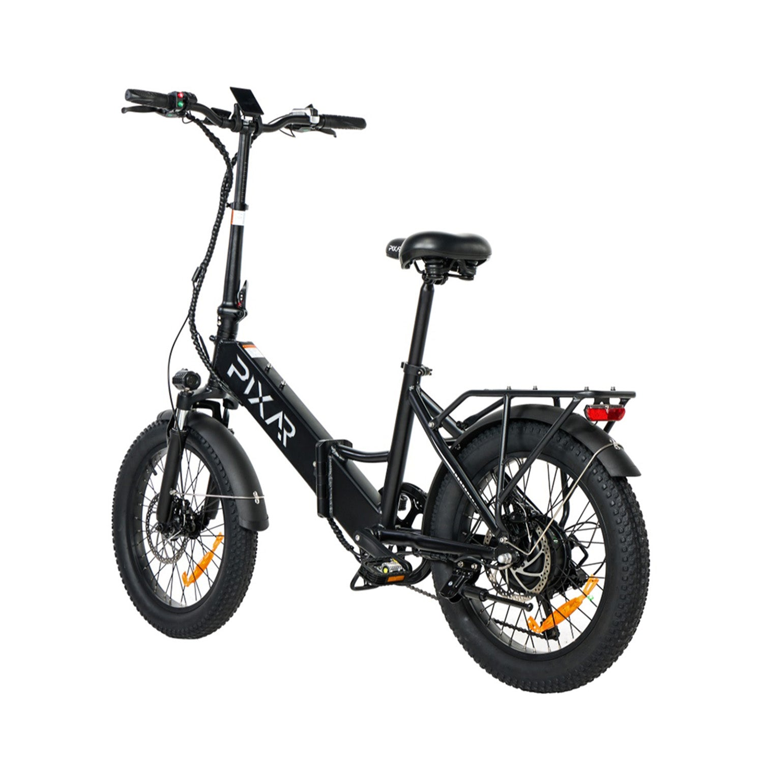 Bicicleta eléctrica plegable negra con neumáticos anchos y portaequipajes.