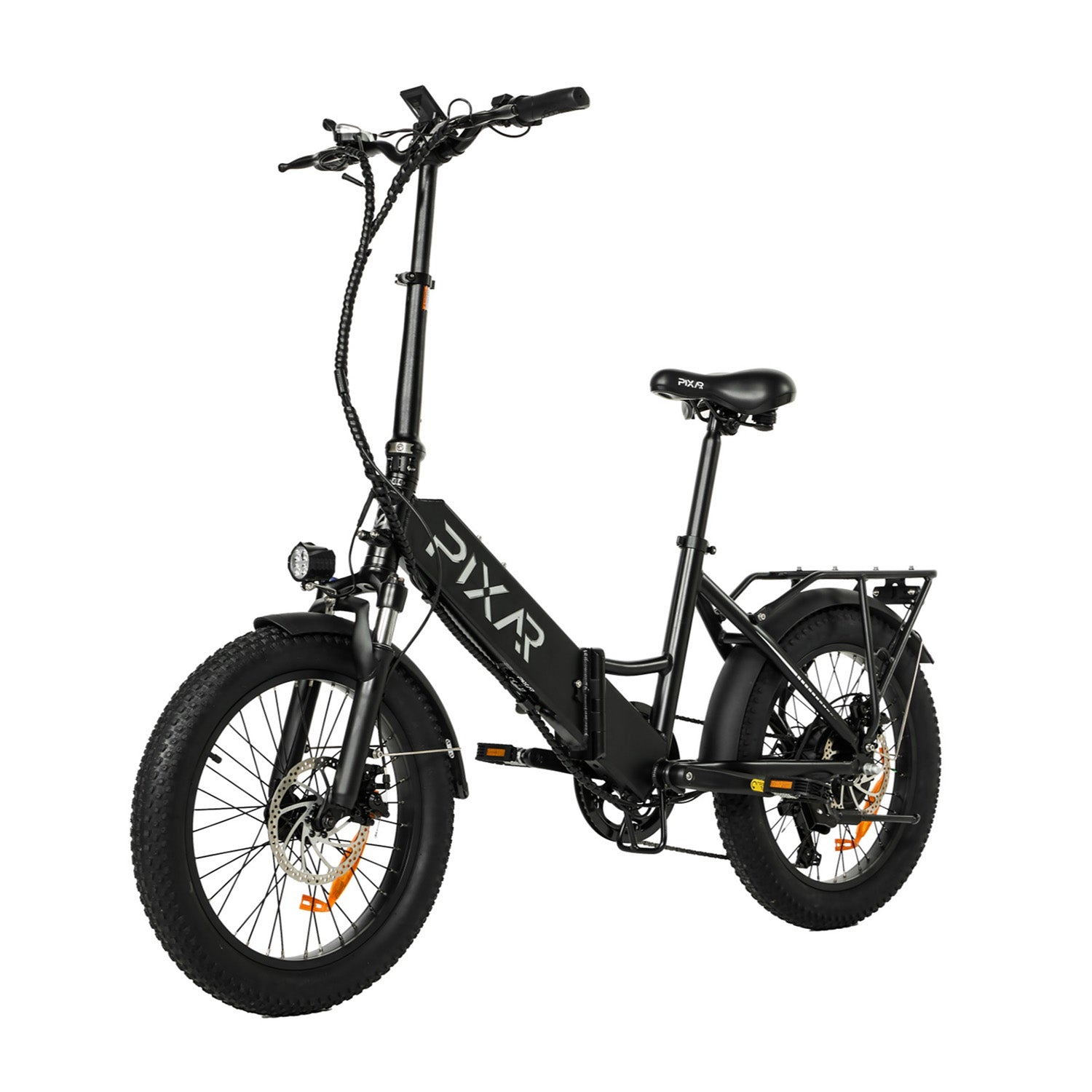 Bicicleta eléctrica plegable negra con neumáticos anchos, portaequipajes y logo Pixr.