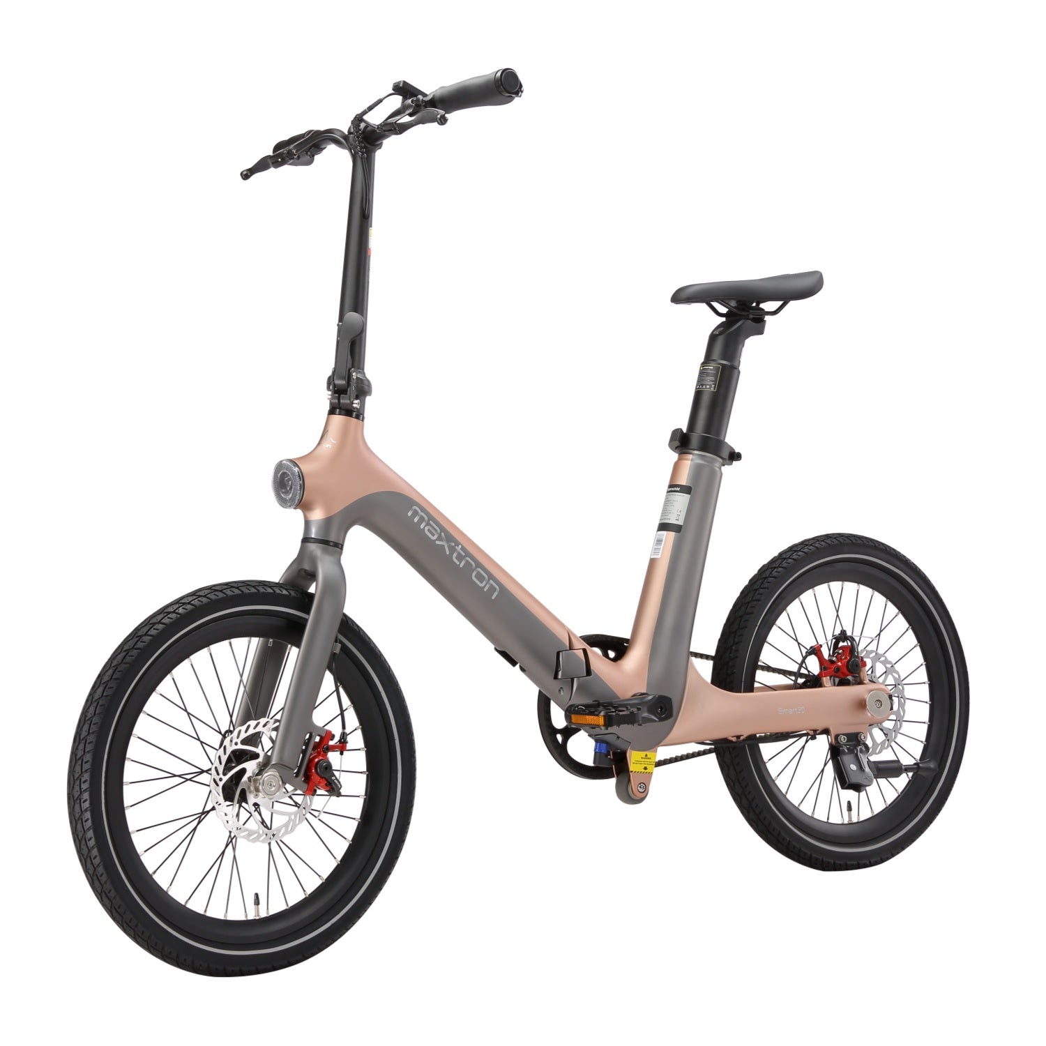 Una bicicleta eléctrica plegable en gris y oro rosa, con ruedas negras y pinzas rojas.