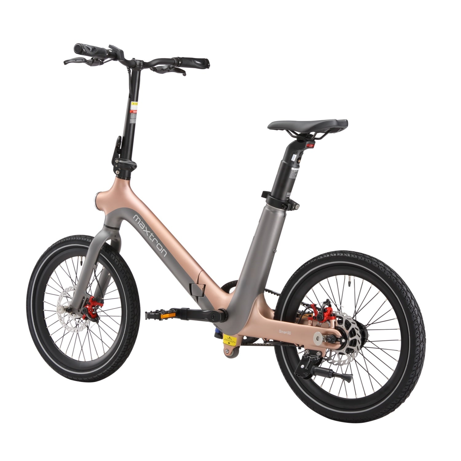 Una bicicleta eléctrica plegable en oro rosa y gris con neumáticos y llantas negras.